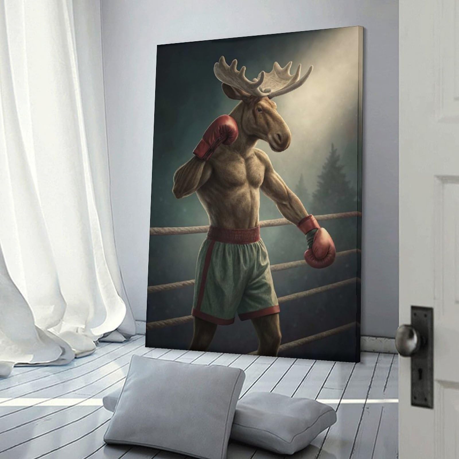 Junmoney Boxing Moose in A Ring Room Decor Wall Art, 08x12inch(20x30cm), for Feature Walls in Flats Or Modern Rooms, Wall Decor Suited to Curated Displays