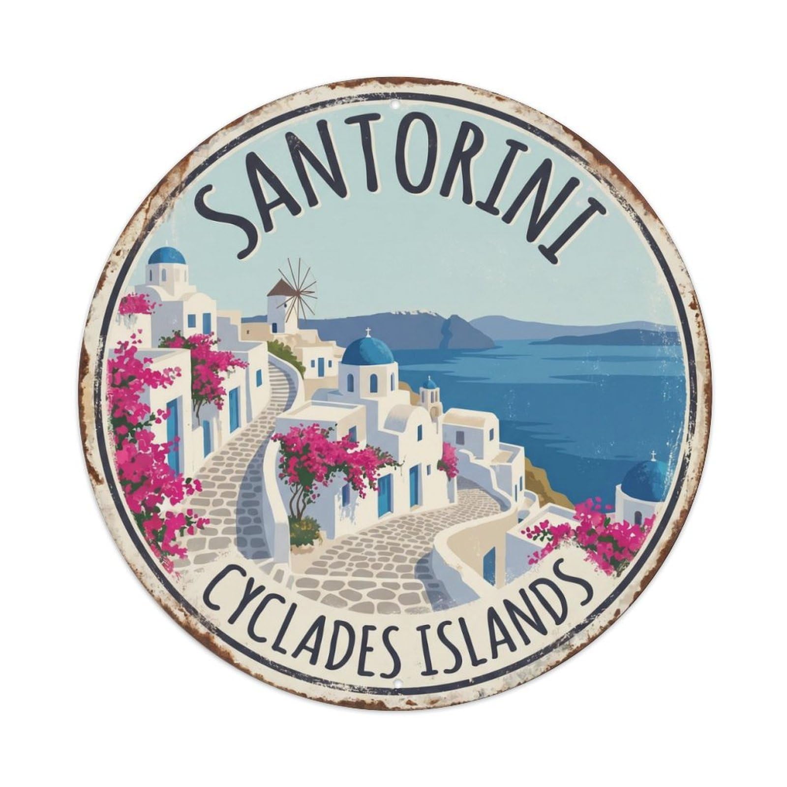 Vintage Travel Santorini Whitewashed Village (2) Metal Tin Sign Plaque Wall Decor for Cafe, Club Bar, Office, Home Garden Round Metal Poster 8x8Inch