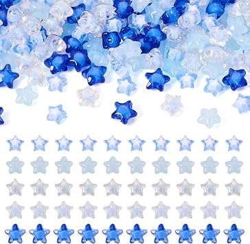 FASHEWELRY 150Pcs Blue Acrylic Star Beads 5 Colors Clear Star Shaped Cute Plastic Pony Beads Small Kandi Bead Spacers for Bracelet Necklace Jewelry Making Supplies Crafts DIY 9-12mm