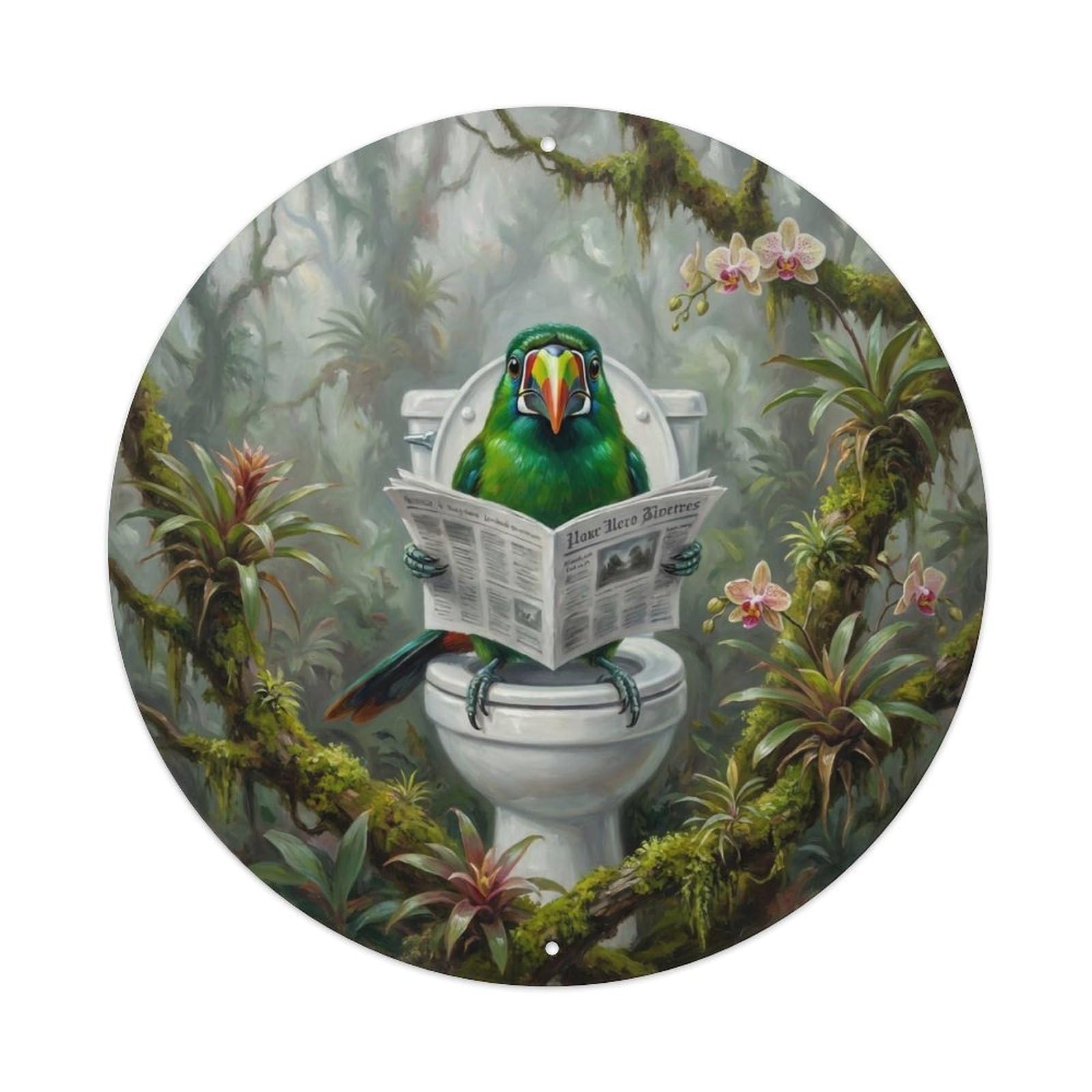 Toucanet On Toilet Humorous Bathroom Cloud Forest Reads Metal Tin Sign