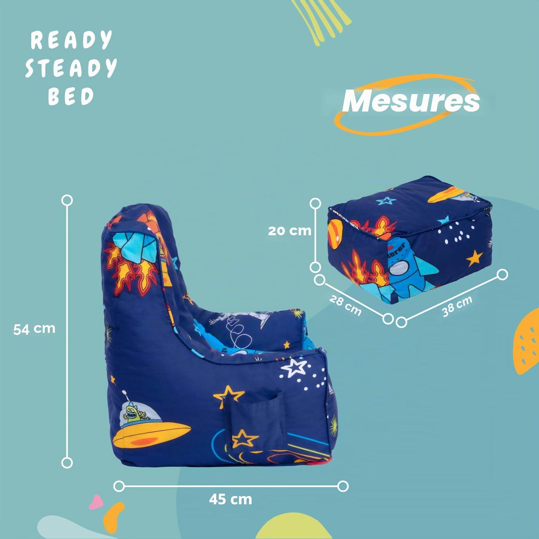 Ready Steady Bed Pouf pour enfant confortable et ergonomique avec repose-pieds Motif garçon astronaute