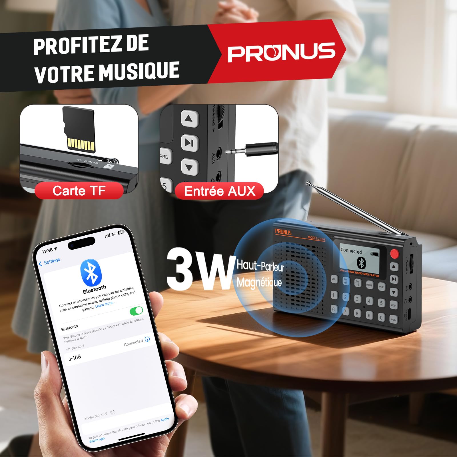 PRUNUS J-168 Petite Radio Numérique, Mini Radio Portable Rechargeable 2000 mAh, 99 Préréglages, Réveil, Bluetooth