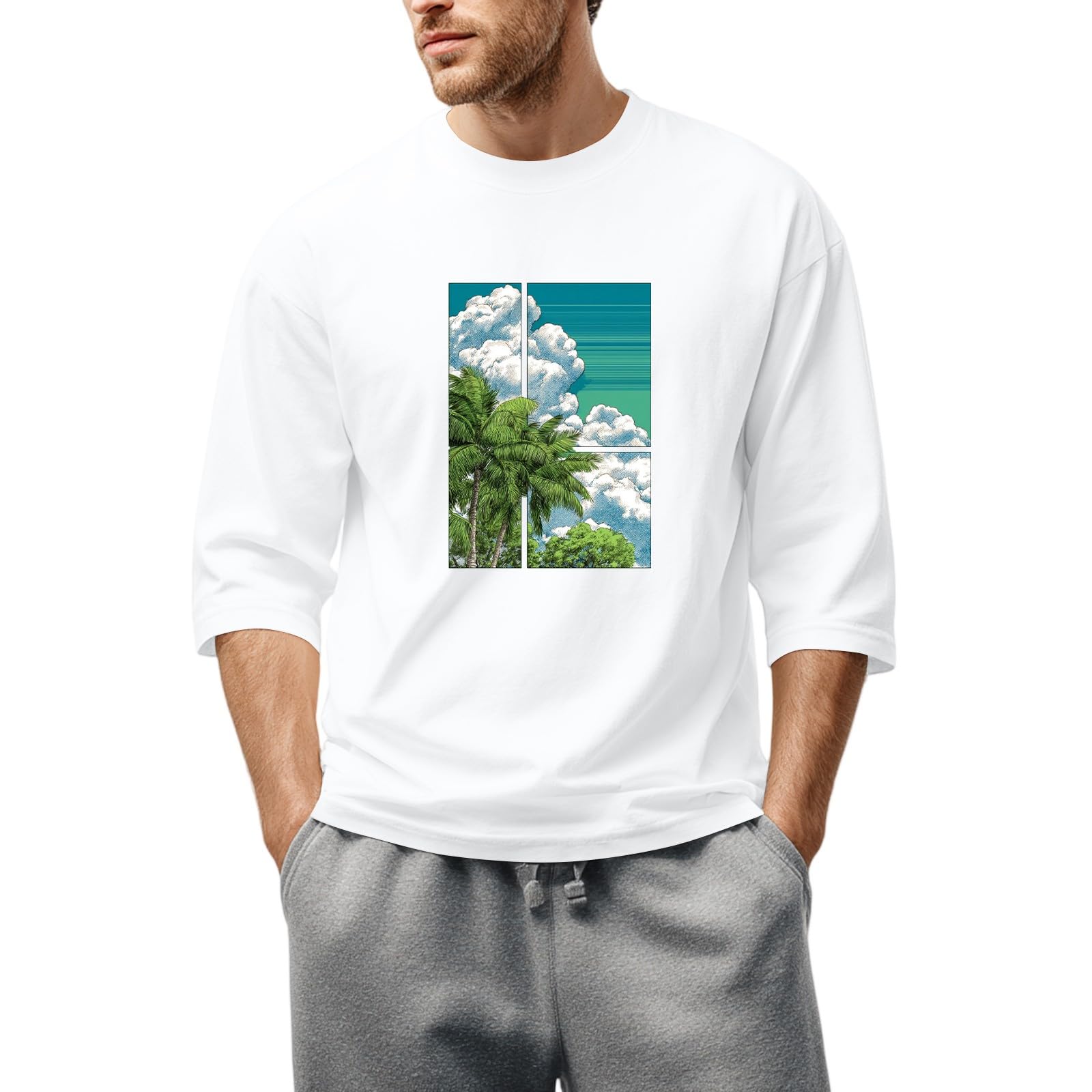 FQZWONG T Shirts for Men Casual Loose Graphic 2D Print Tee Comfort Crewneck 3 4 Sleeve Blouses Trendy
