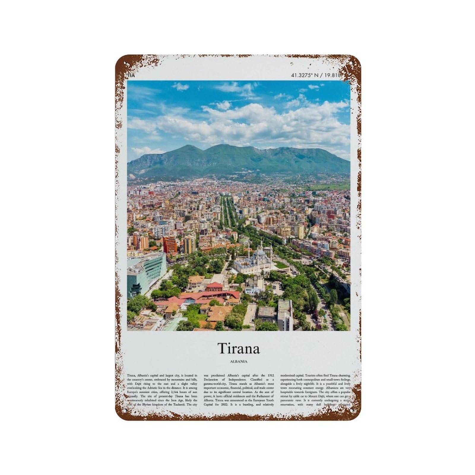 xiaoxiaoshen Tirana Albania City Scenery Wall Decor Art Metal Tin Poster Modern Home Decor Art Home Bar Shop Decorations Vintage Sign 30x20cm