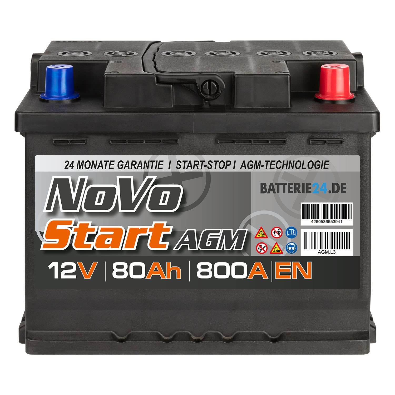 NoVo AGM Autobatterie 80Ah 12V, auslaufsicher, überlegene Leistung, geeignet für hohe Anforderungen