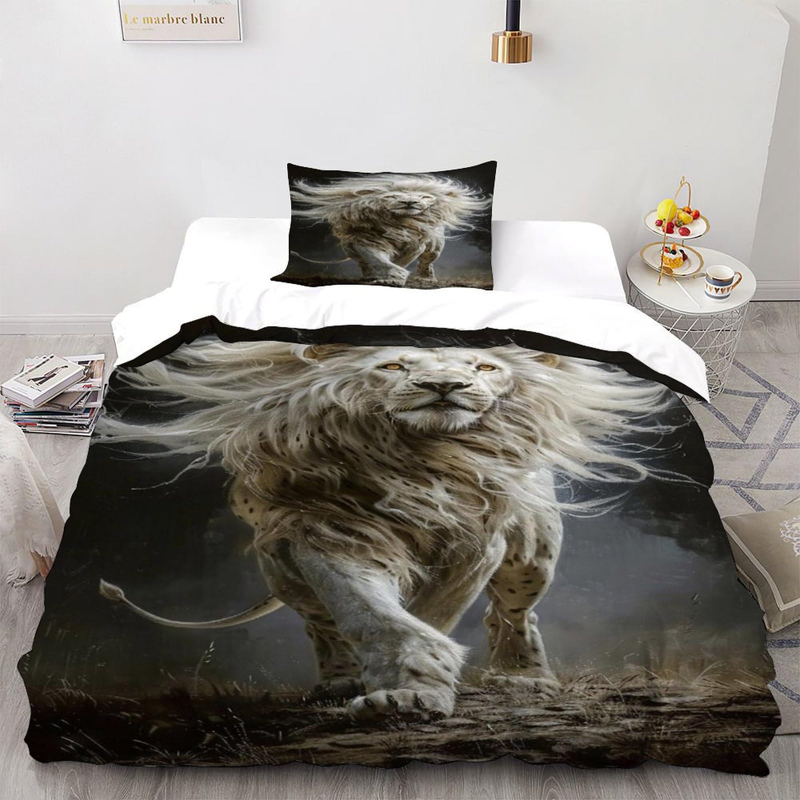 Parure de lit lion en microfibre avec housse de couette 135x200 et taie d'oreiller pour lit simple