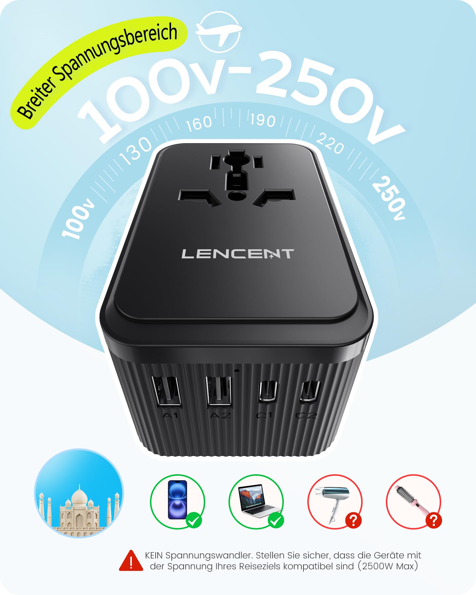 LENCENT Reiseadapter Weltweit, 28W Typ G, D, A, I, C, Universal Reisestecker Adapter mit 3 USB C und 2 USB A, Internationaler Steckdosenadapter für USA England Japan Malediven Sri Lanka Australien