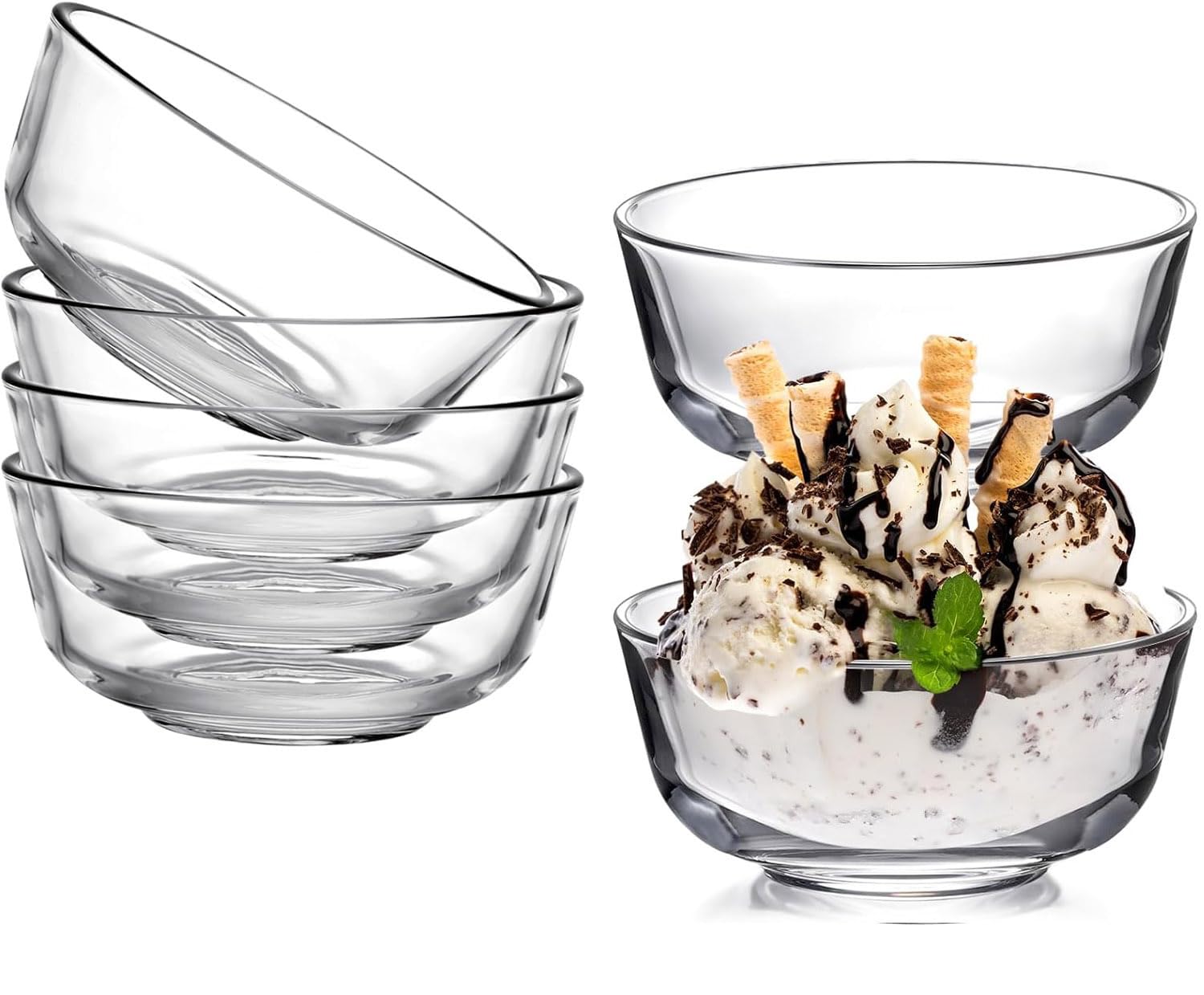 Glass Ice Cream Bowls Set of 6 Clear Small Glass Dessert Cups,10 OZ Bowls for Ice Cream,5.7 Inch Small Dessert Cups for Trifle Parfait Sundae and Nuts