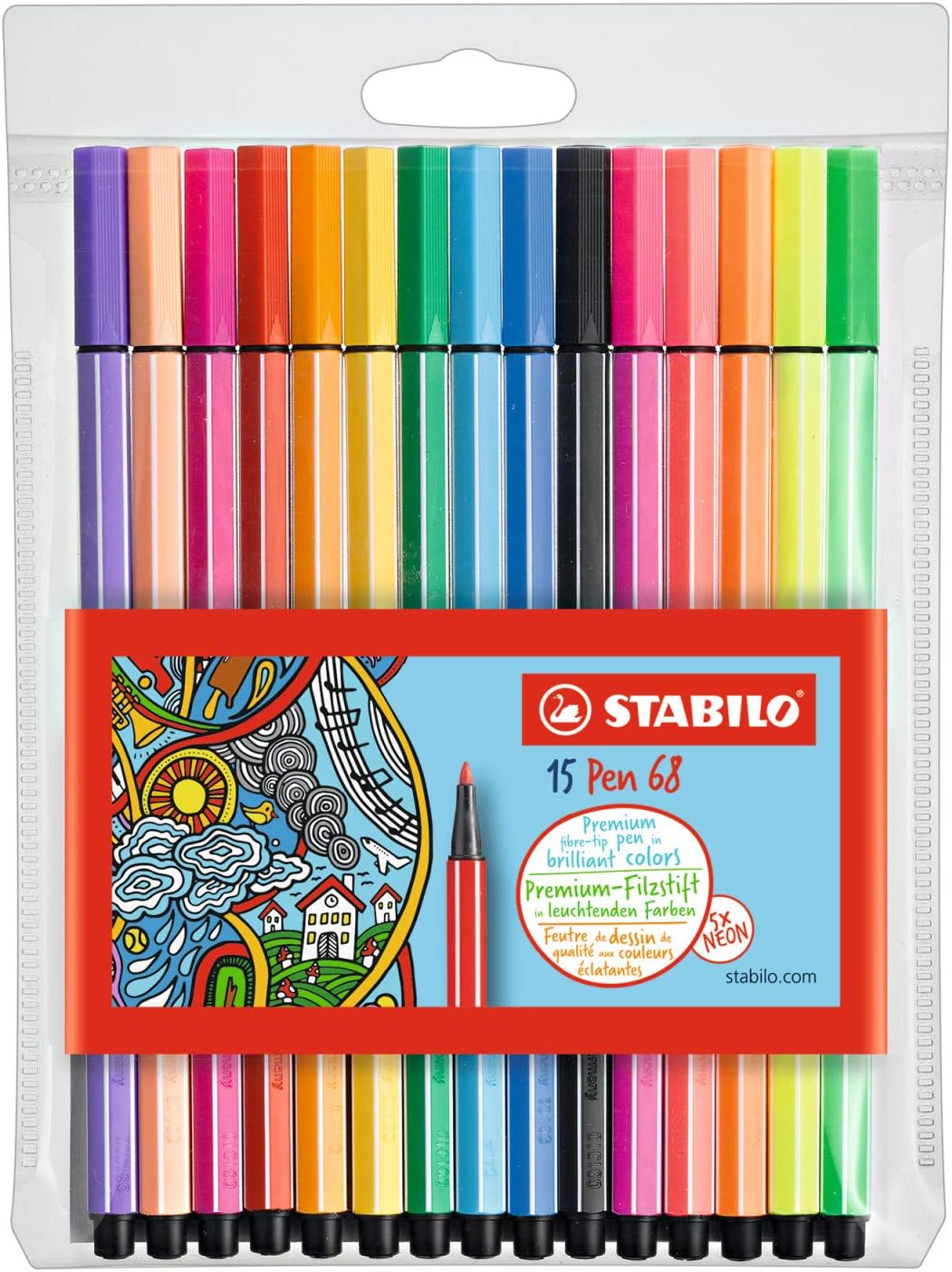 STABILO68 Wallet Neon Fineliner Pens, Multicolored 15 Set of
