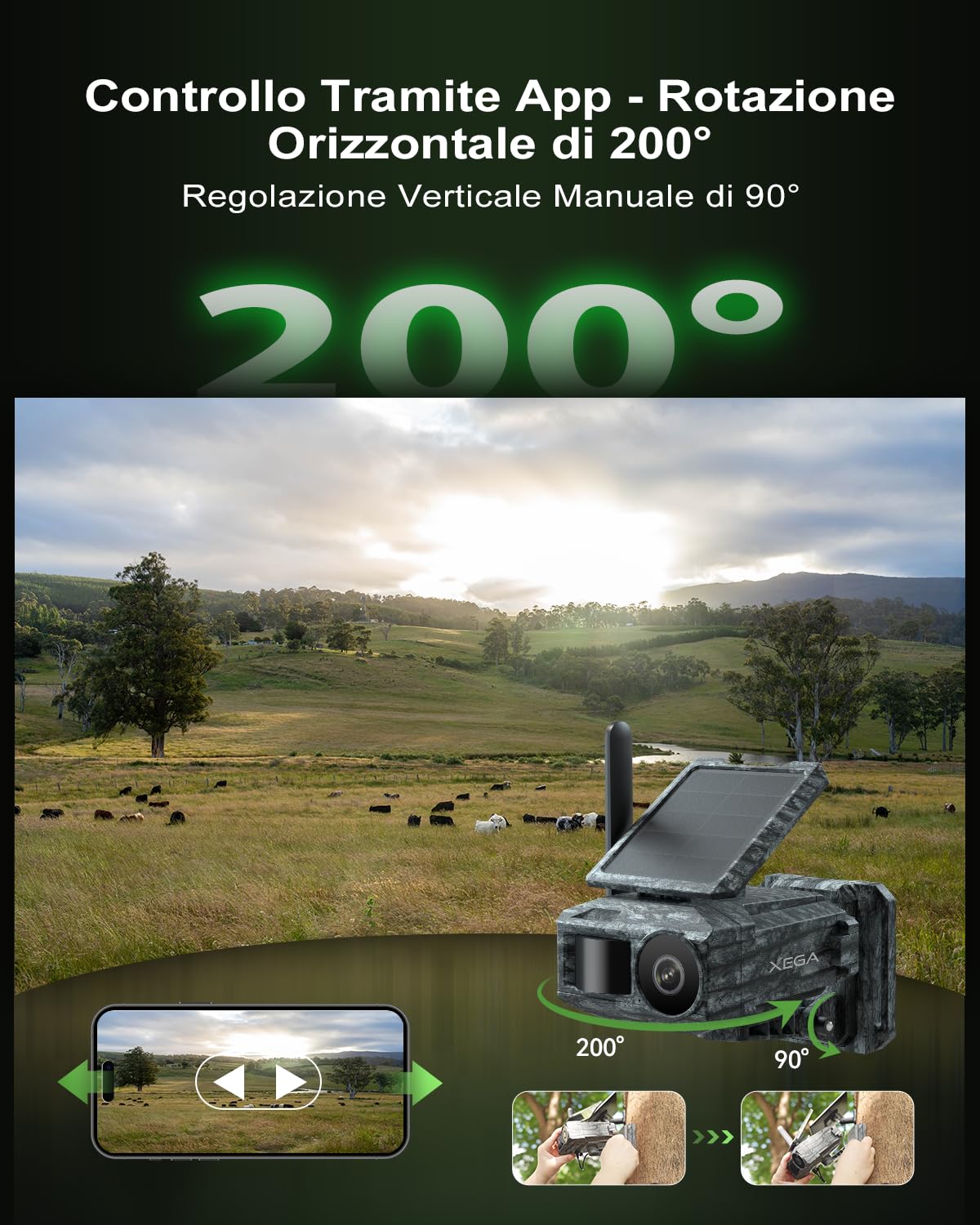 Xega 2K 4G Telecamera Solare con Scheda SIM,2 Pannelli Solari,senza WiFi