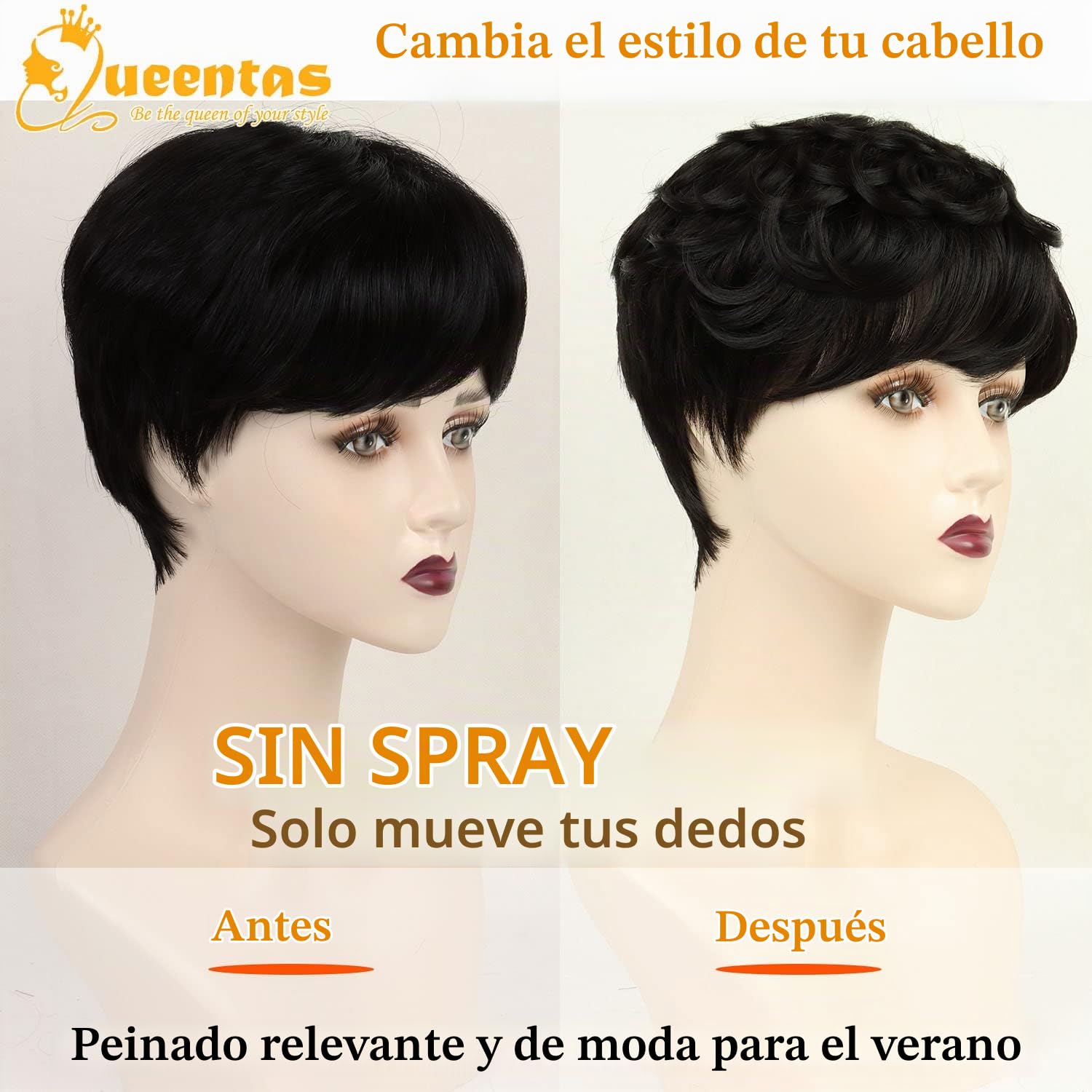 Queentas Peluca corta para mujer, pelucas con corte de duendecillo en capas, pelo sintético, parte lateral, flequillo, peluca para mujer (negro)