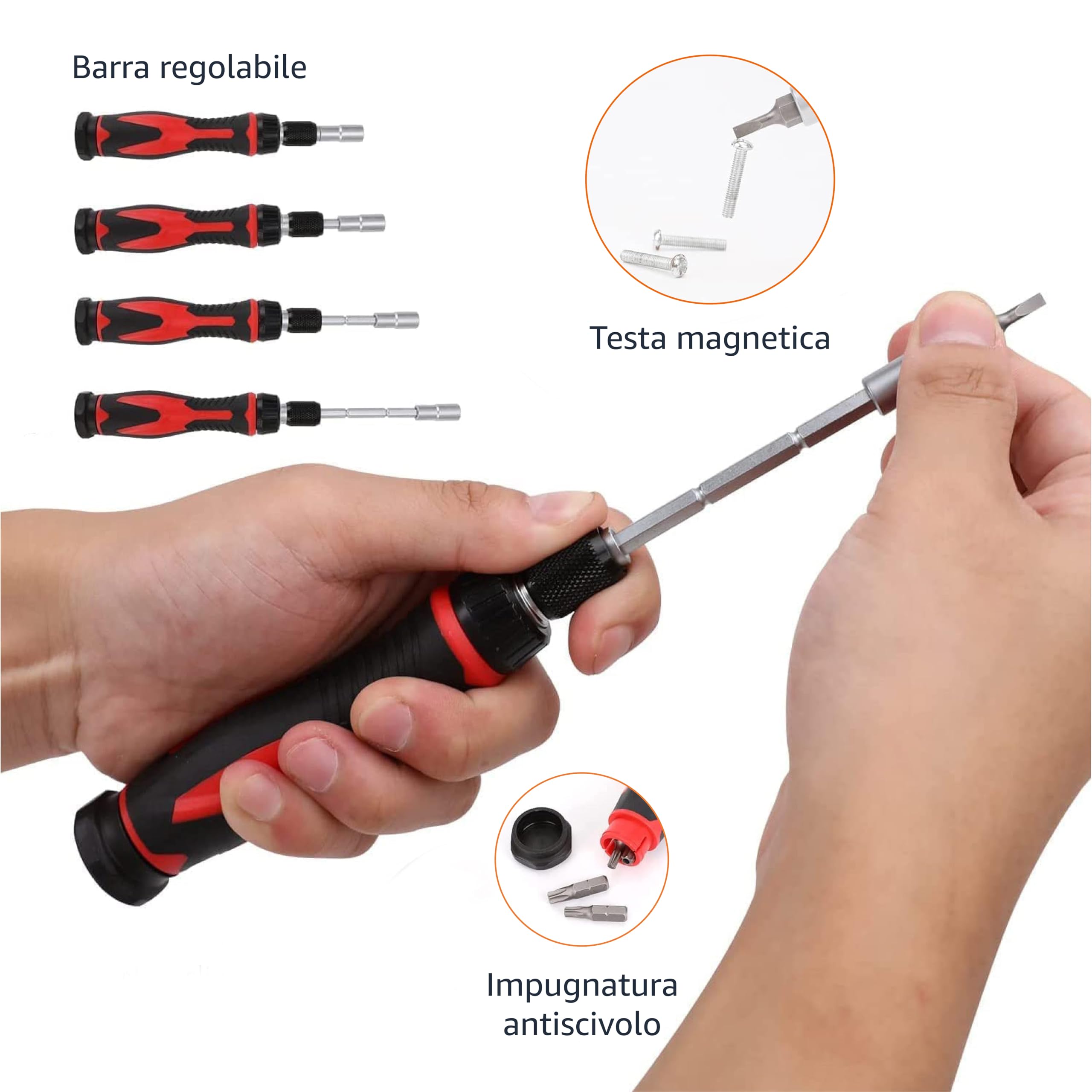 Amazon Basics Set di chiavi a cricchetto magnetiche e cacciaviti di precisione per elettronica, 73 unità, confezione da 1, Nero, Rosso, Argento