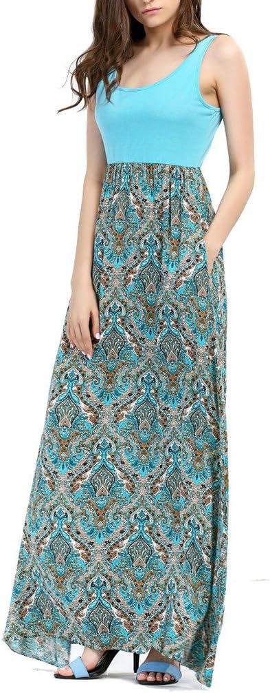 Womens Summer Contrast Sleeveless Tank Top Floral Print Maxi Dress