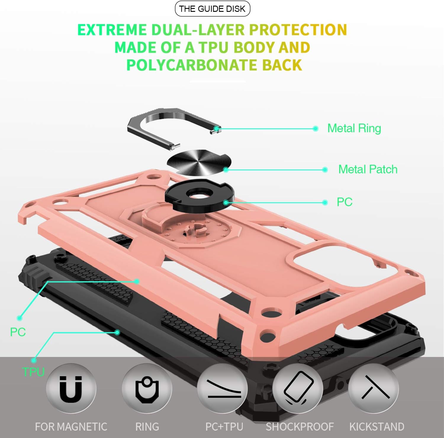 Gritup Compatible for Samsung Galaxy A51 Case (Not Fit Galaxy A51 5G) with HD Screen Protector, Military-Grade Protective with Magnetic Kickstand Ring Phone Case for Samsung A51 Rose Gold