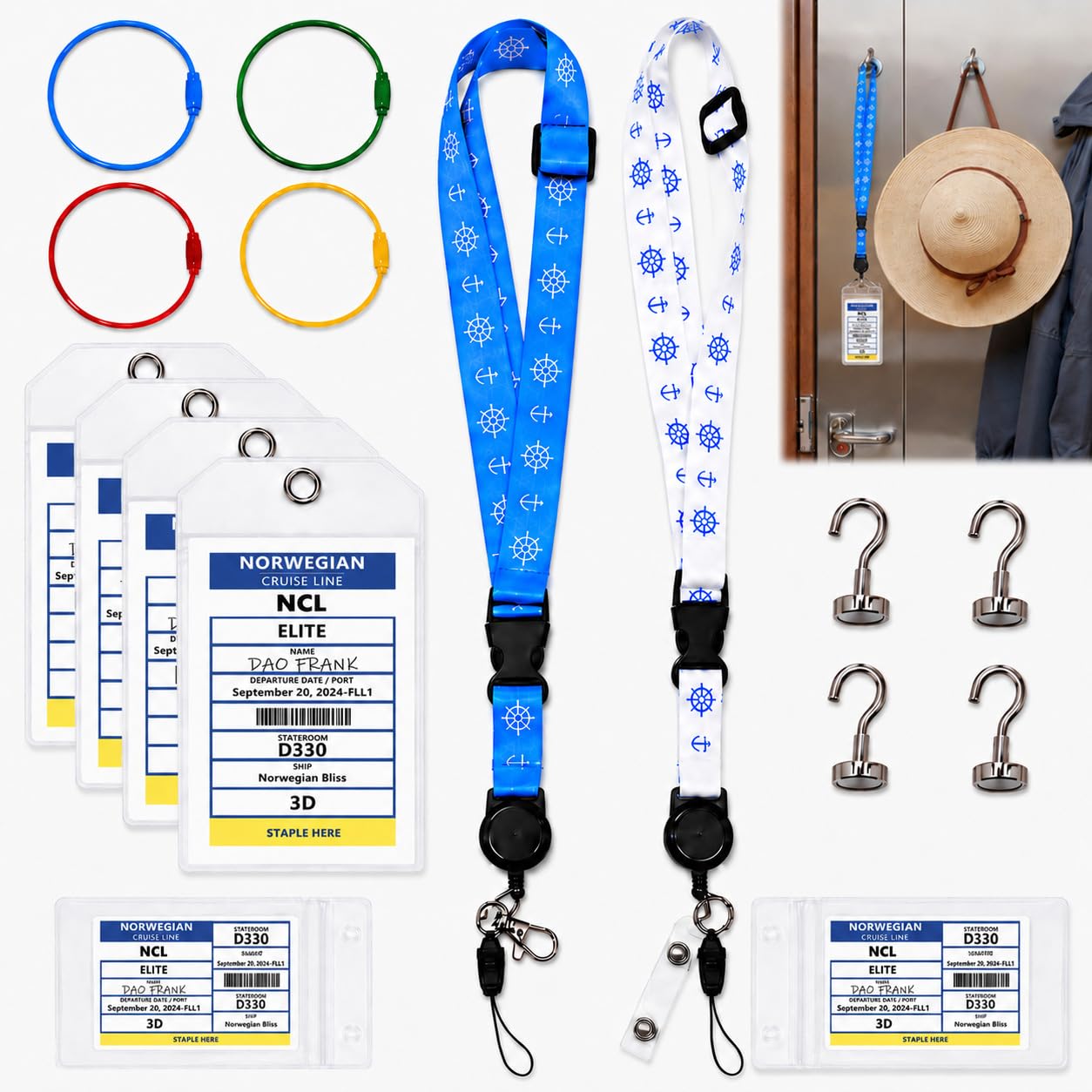 12PCS Cruise Lanyards for Ship Cards and P&O Cruise Luggage Tag Holder Kit | Durable Cruise Lanyard for Cards and Cruise Luggage Tags for All Cruise Ship Key Cards Accessory (White+Dark Blue) — image 1