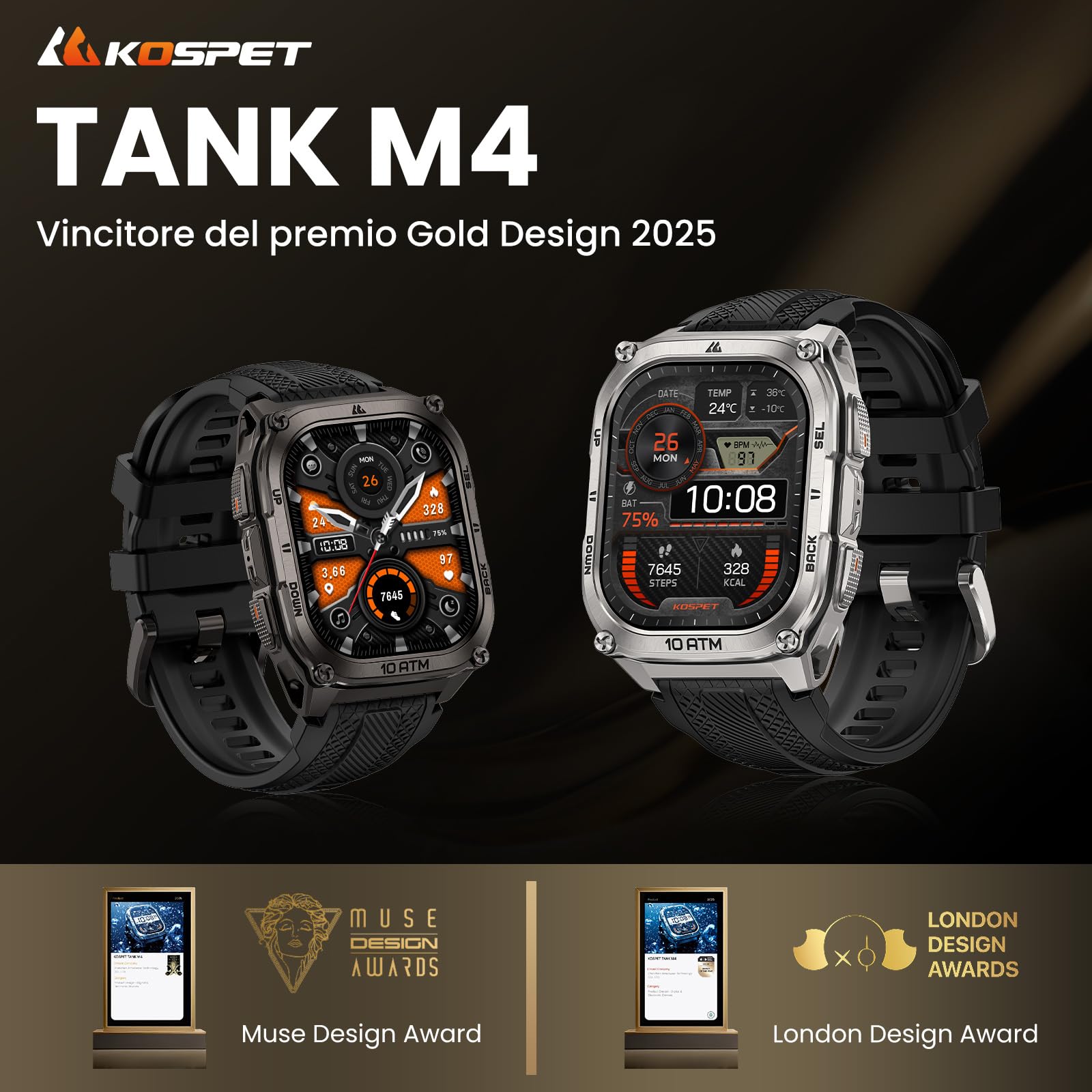 KOSPET TANK M4 Smartwatch Uomo Rugged Acciaio, GPS con Mappe Offline, Display AMOLED 1,96", Impermeabile 10ATM fino a 45m, 180+ Modalità Sportive, Chiamate Bluetooth, Monitor Fitness 24/7