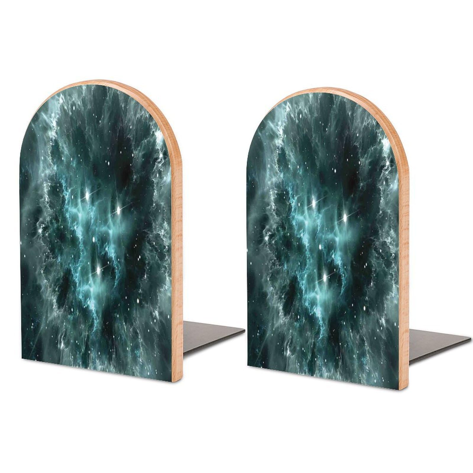 Space Nebula in The Space with Crystal Star Cluster Beech Wood Bookends Heavy Duty Book Organizers Desktop File Holder for Office Home Bookshelf