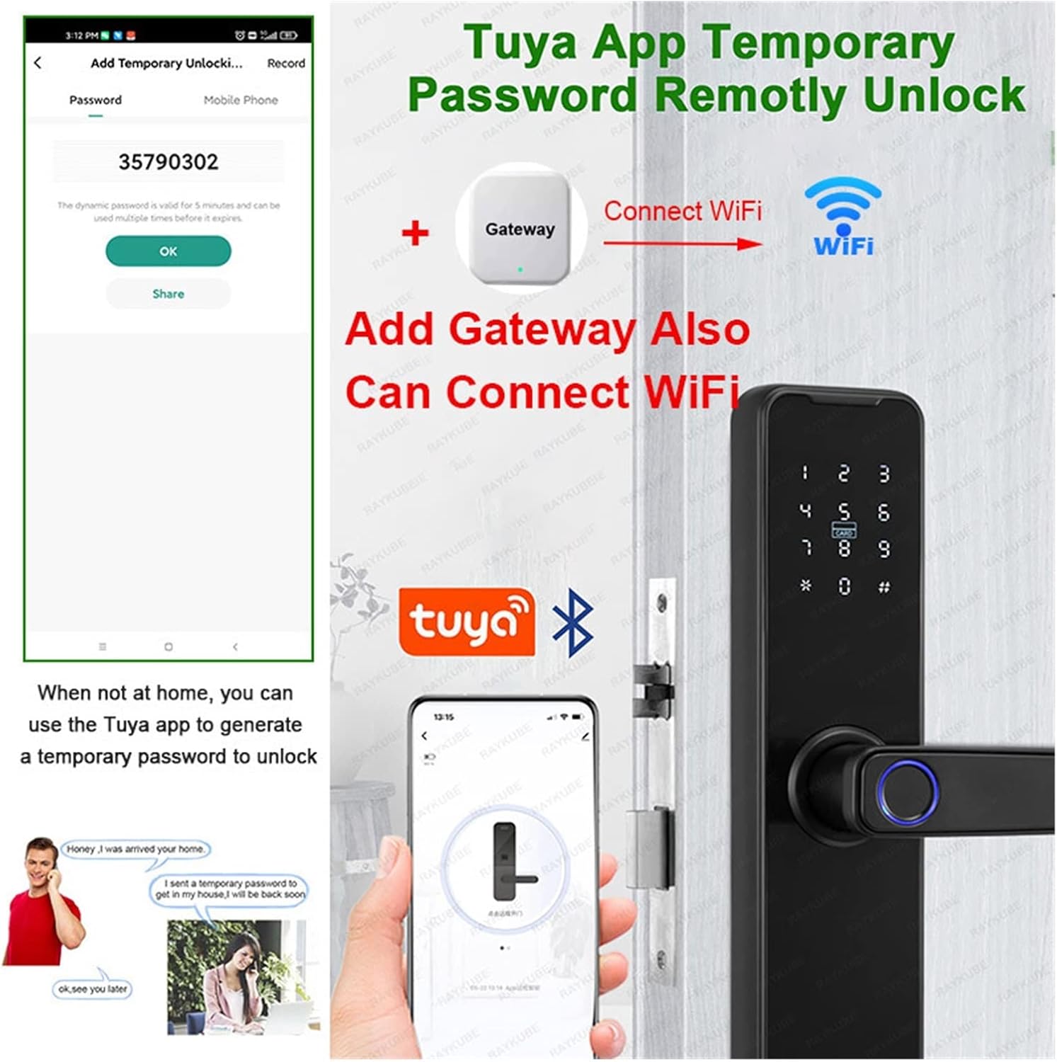 Screenshots of the Tuya app interface showing temporary password generation and remote unlock features, alongside the smart lock and a gateway device.