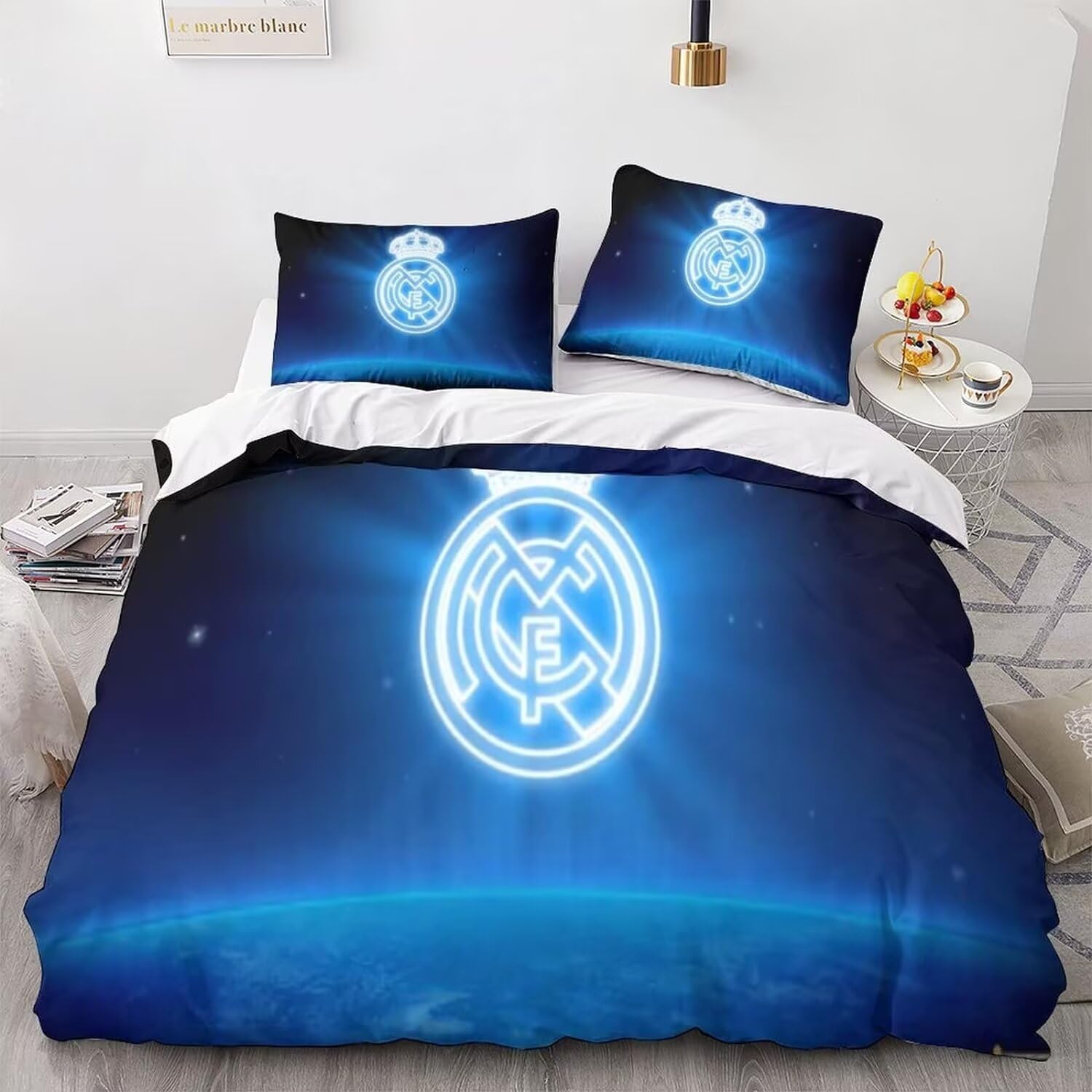 Equipo de Fútbol（Cama de 90） Juego de Funda Nórdica 135X200cm Real Madrid Funda de Edredón de Microfibra Suave con 2 Fundas de Almohada 50x75