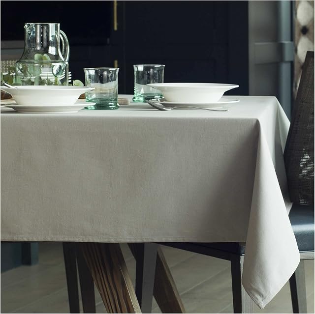 Organic Cotton Tablecloth for Dining Party / Kitchen; Easy-Care Washable Protective Heavyweight Fabric; Eco-Friendly Durable Material Table Cloth for Your Home Decoration (Warm Grey, 142 x 245cm)
