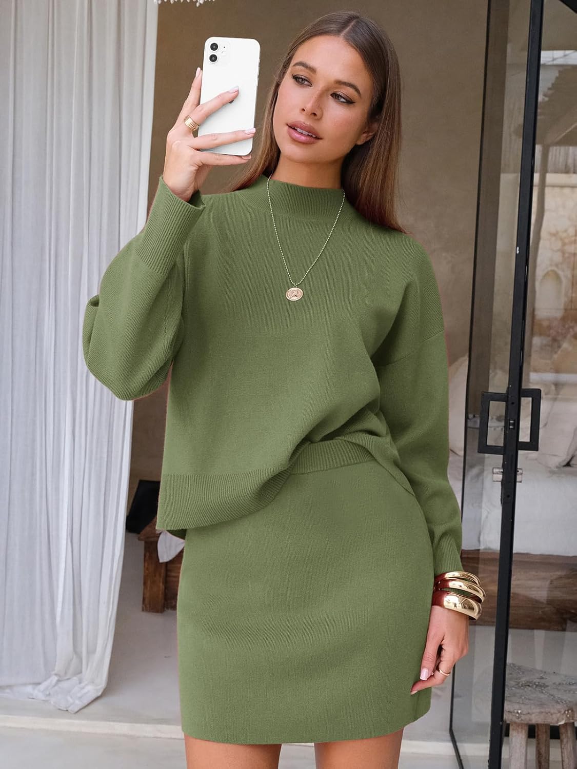 EXLURA Womens 2 Piece Outfits Casual Sweater Dress Sets Long Sleeve Mock Neck Ribbed Knit Tops Bodycon Skirts Winter Clothes - Image 3