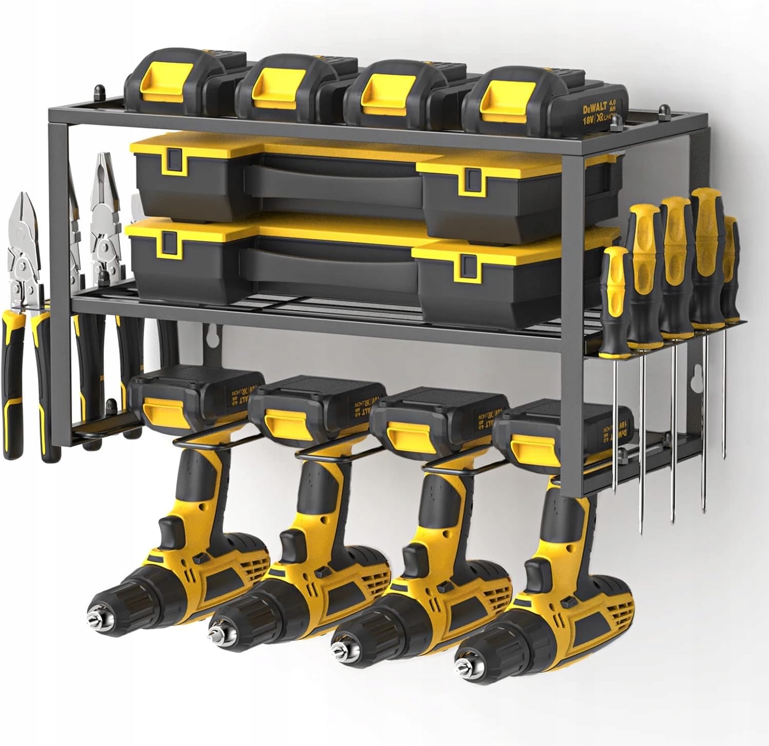 Generisch Organizer da parete, scaffale portautensili in metallo a 3 livelli per avvitatori a batteria, cacciaviti e accessori da officina, sistema di stoccaggio per garage, nero