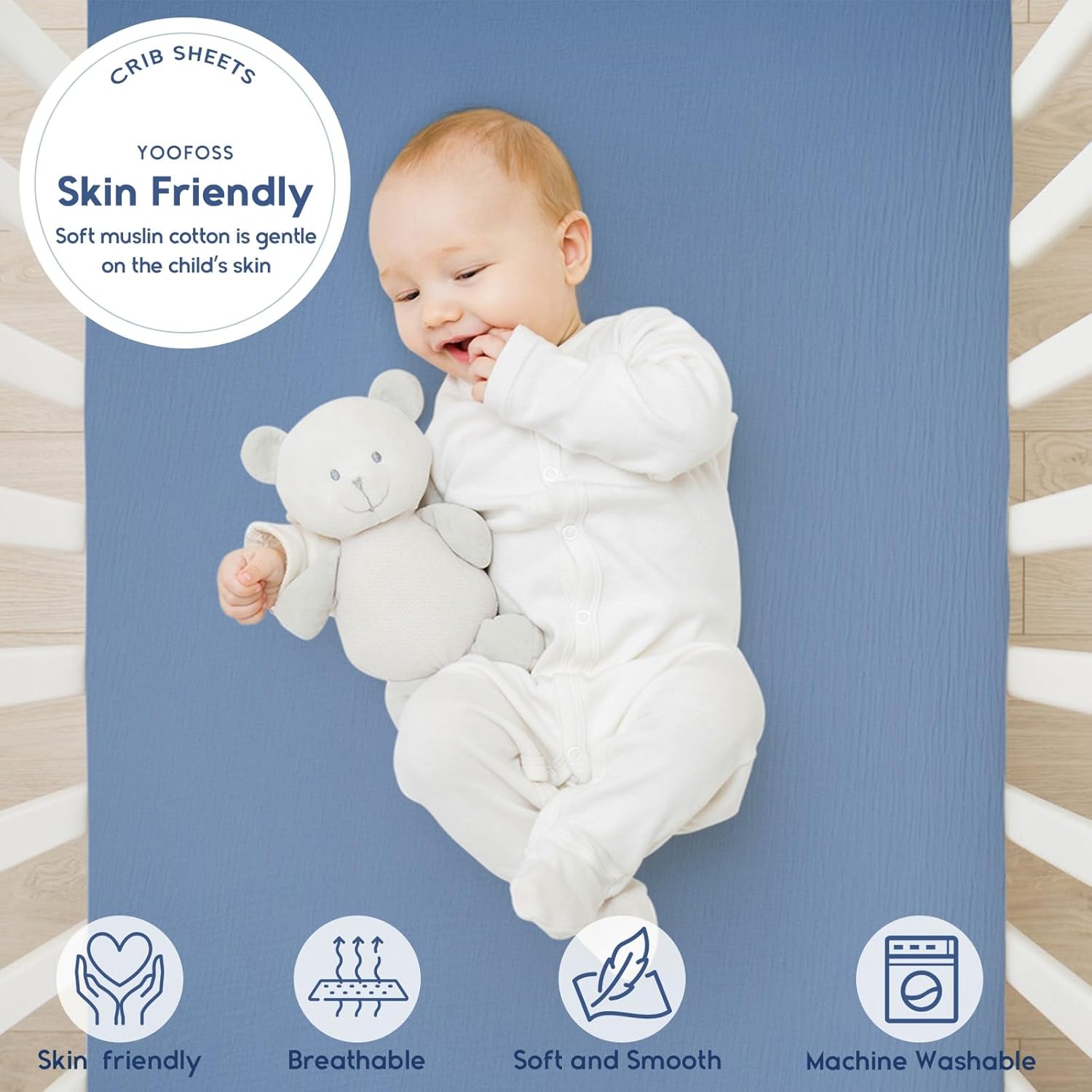 Yoofoss Muslin Crib Sheets for Boys Girls 100% Cotton Fitted Baby Crib Sheet 2 Pack Soft and Breathable for Standard Crib Mattress & Toddler Mattress 52"x28" Gradient Blue