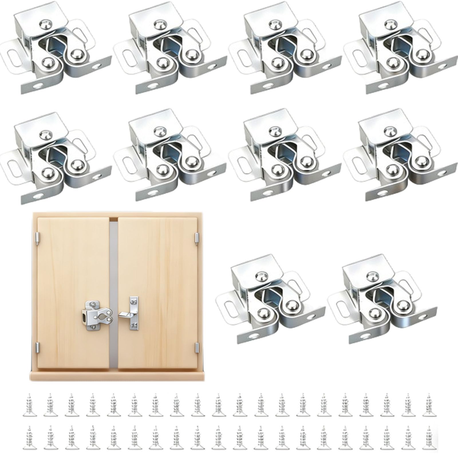 10 Pcs Double Roller Strong Hold Cupboard Cabinet Door Latch Twin Roller for Door Catches Latches Door Catches for Internal Door with 40 Screws Zinc Plated Twin Roller for Closet Catch （Silver）