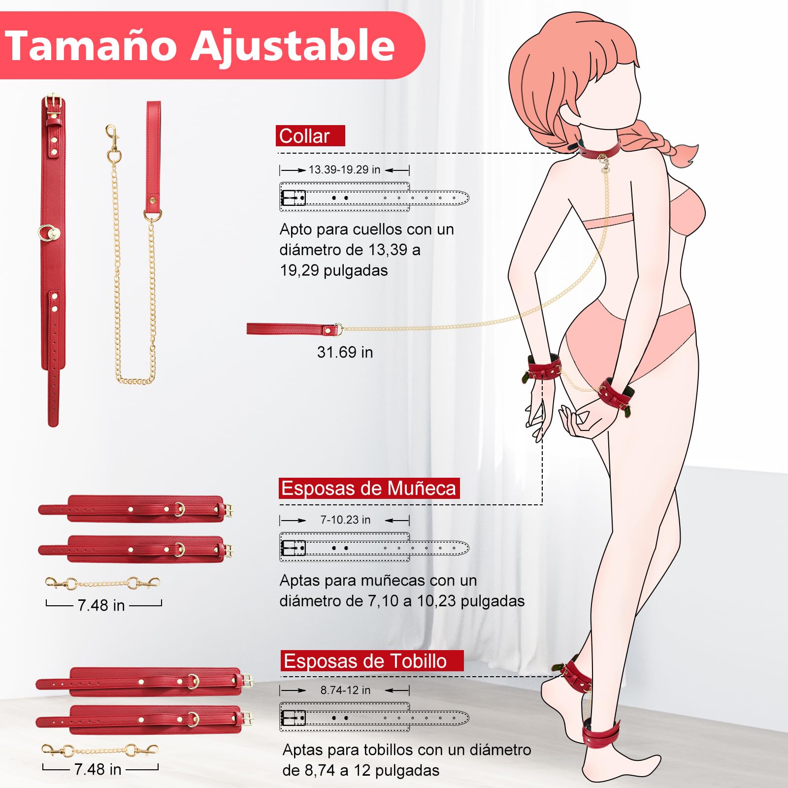 Kit de Bondage BDSM Juguetes Sexuales para Pareja Adultos, Esposas de Cuero Ajustables para Manos y Tobillos con Collar y Correa, Accesorios Eróticos para Adultos y Principiantes