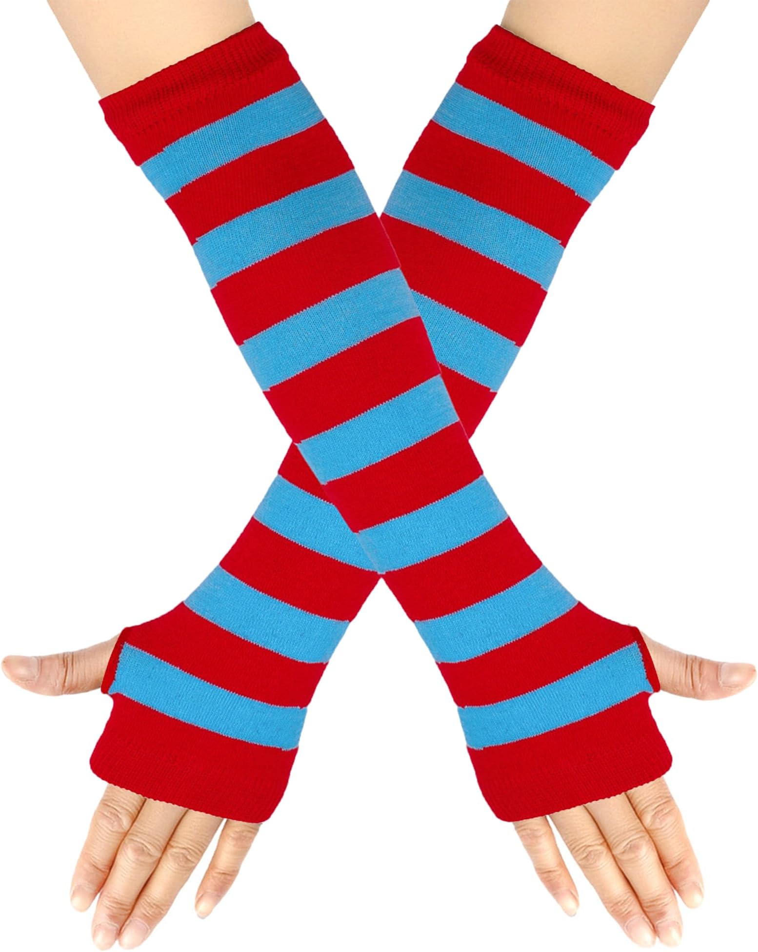 Womens Punk Gothic Long Arm Warmers Striped Fingerless Gloves Winter Knitted Stretchy Mittens Thumb Hole Wrist Warmer