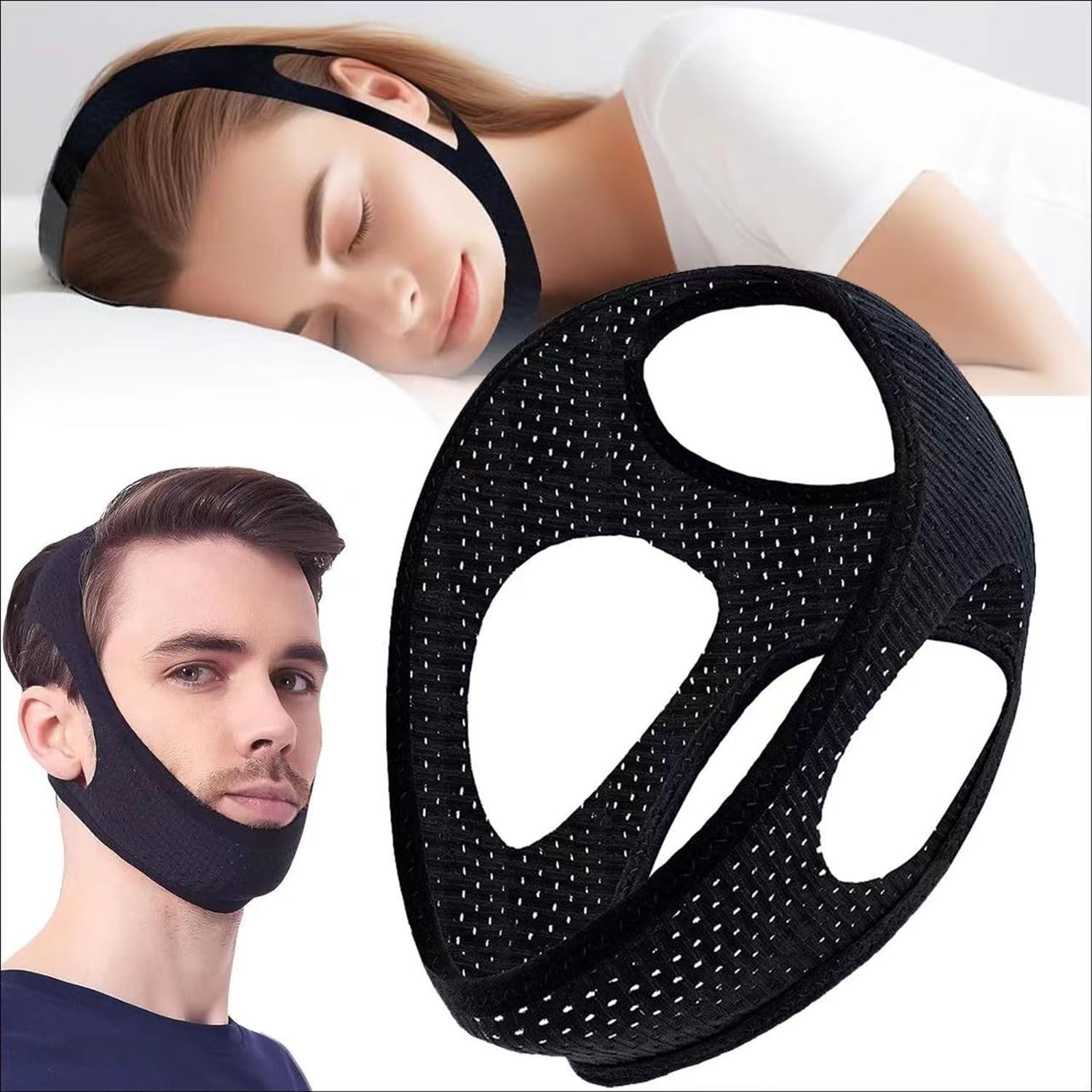 Chin Strap for Sleeping - Anti Snoring Devices, Effective Anti Snoring Solution, Adjustable Breathable Airflow Jaw Strap, Reusable,Skin-Friendly Comfortable Sleeping, Black