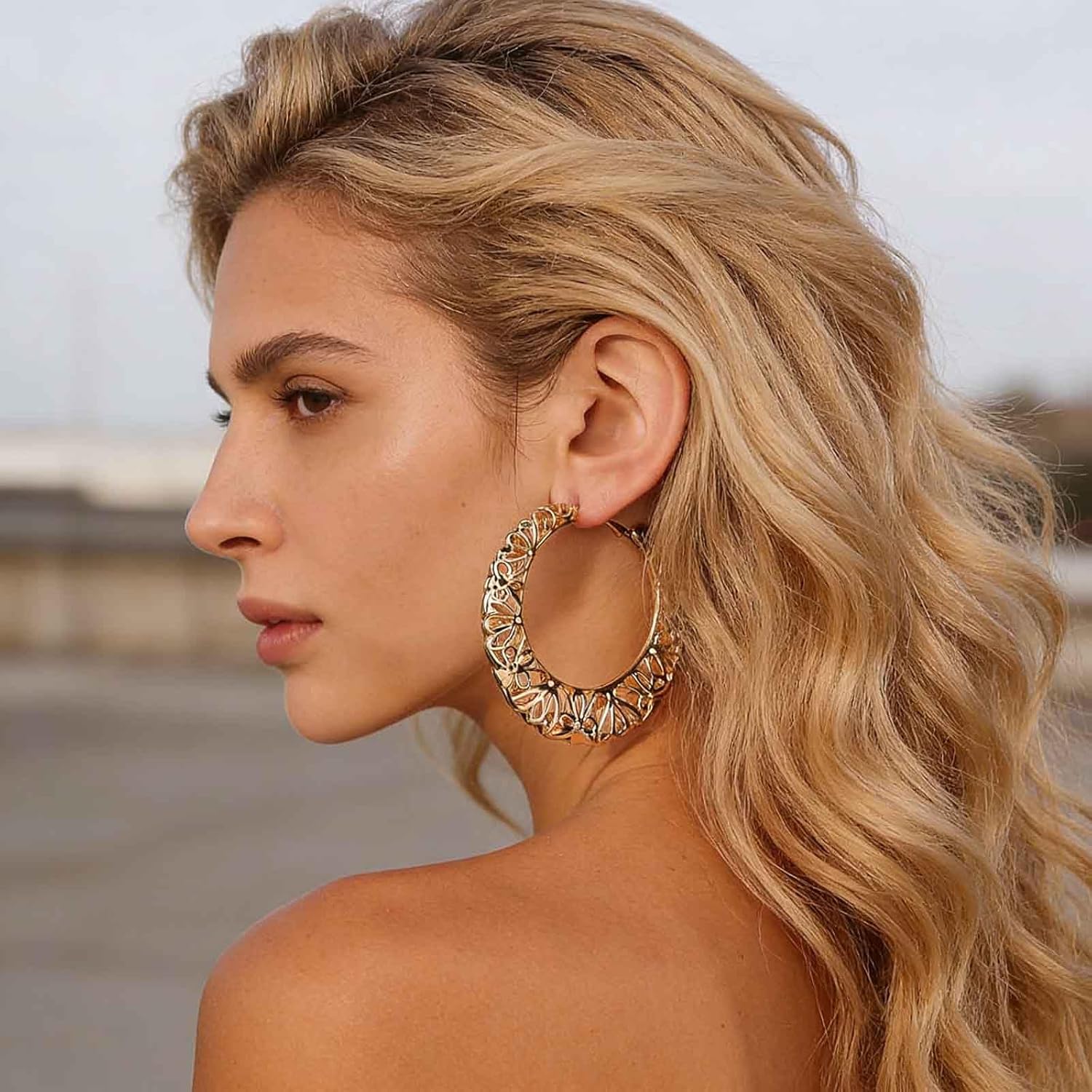 Andelaisi Boho Exaggerate Circle Earrings Vintage Pattern Circle Hoop Earrings Gold Hollow Circles Earrings Lightweight Filigree Round Earrings Jewelry for Women - Image 2