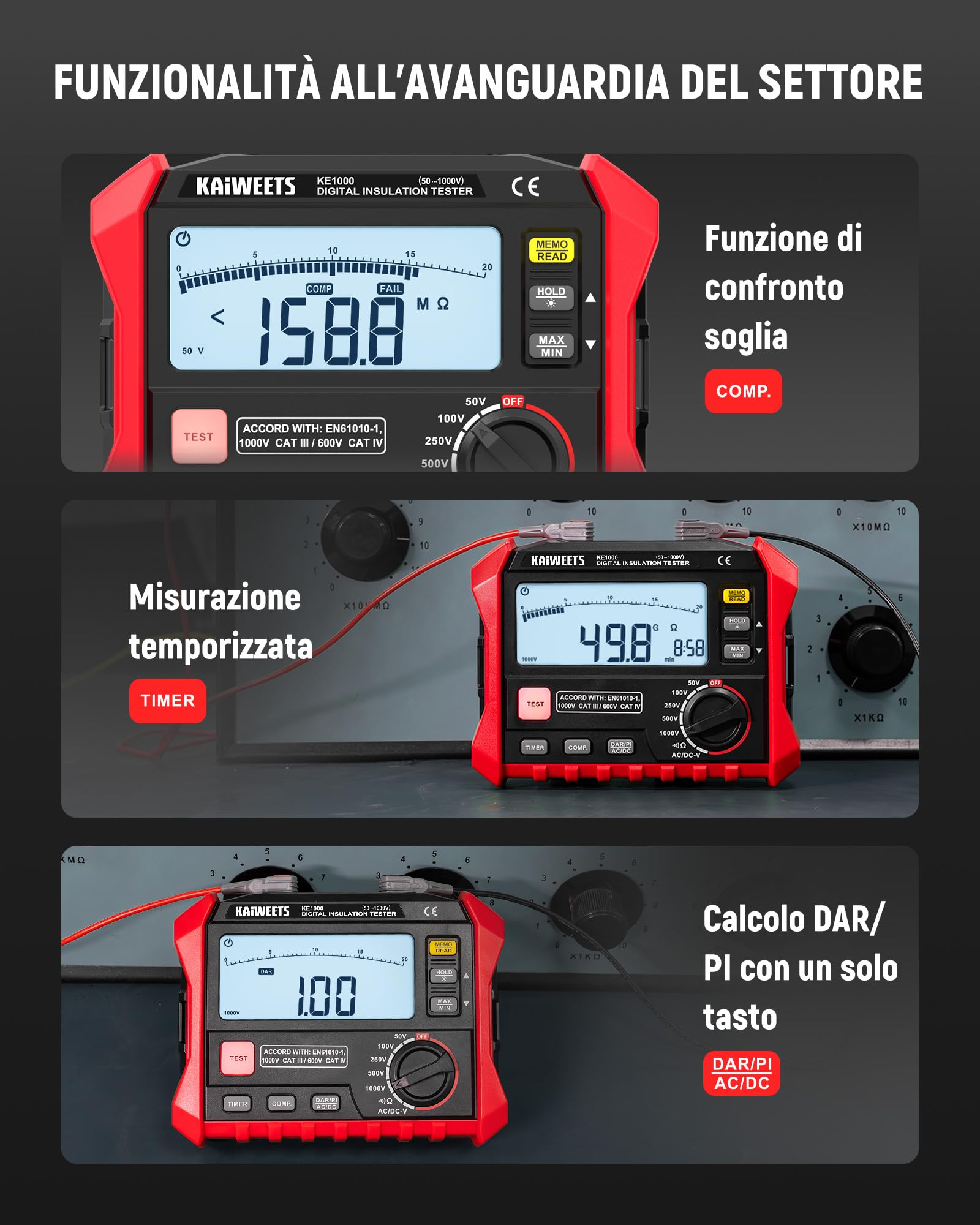 KAIWEETS Misuratore di isolamento, misuratore di resistenza di isolamento, fino a 100 GΩ, 50 V/100 V/250 V/500 V/1000 V, One Touch-DAR/PI, con prova di tensione AC/DC per motori, solare, HVAC