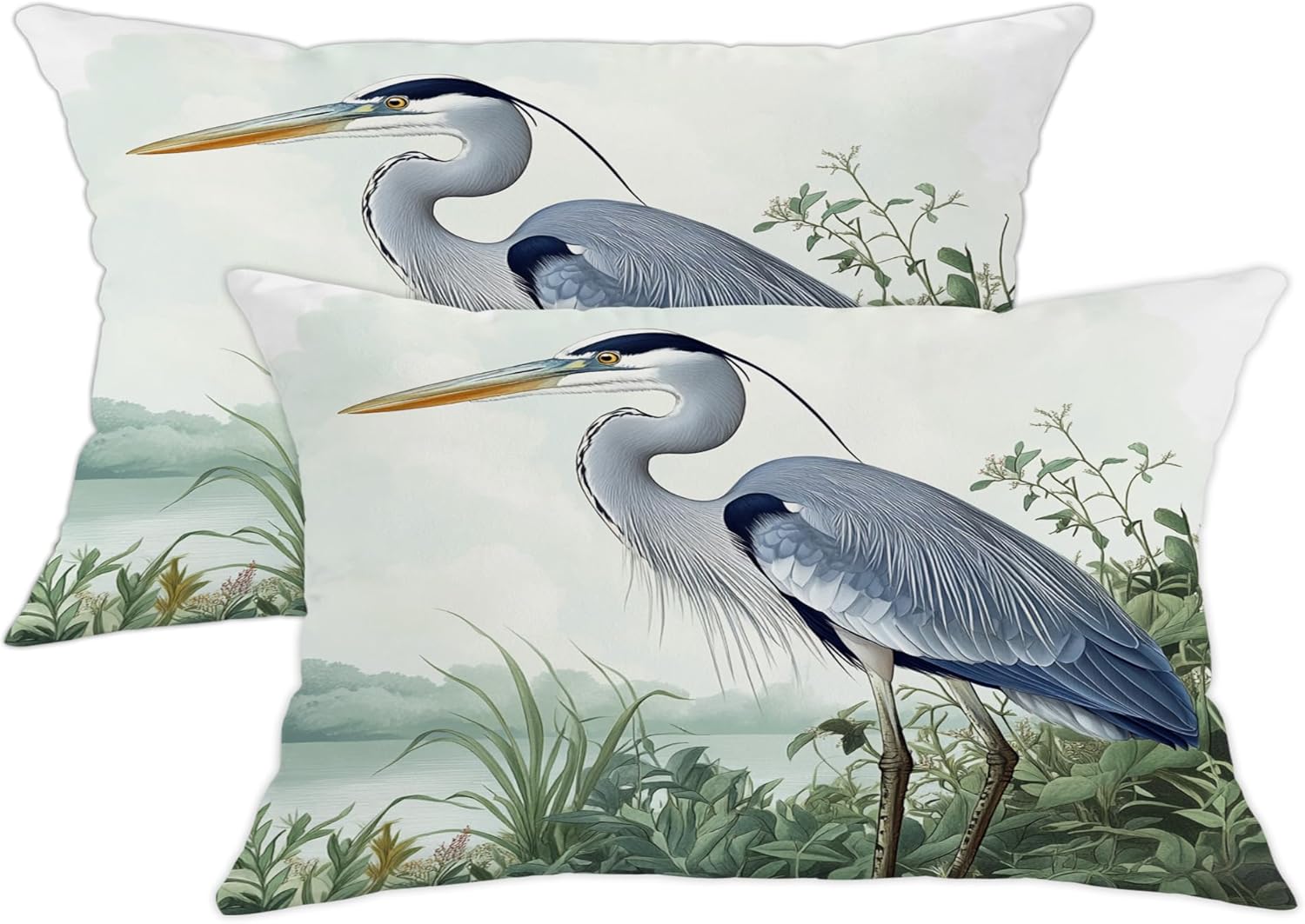 Blue Heron Pillow Covers Set of 2, Decorative Bird Print Throw Pillows, Nature Inspired Indoor Outdoor Farmhouse Cushion Covers for Living Room Sofa Bed Couch 24x24 Inch