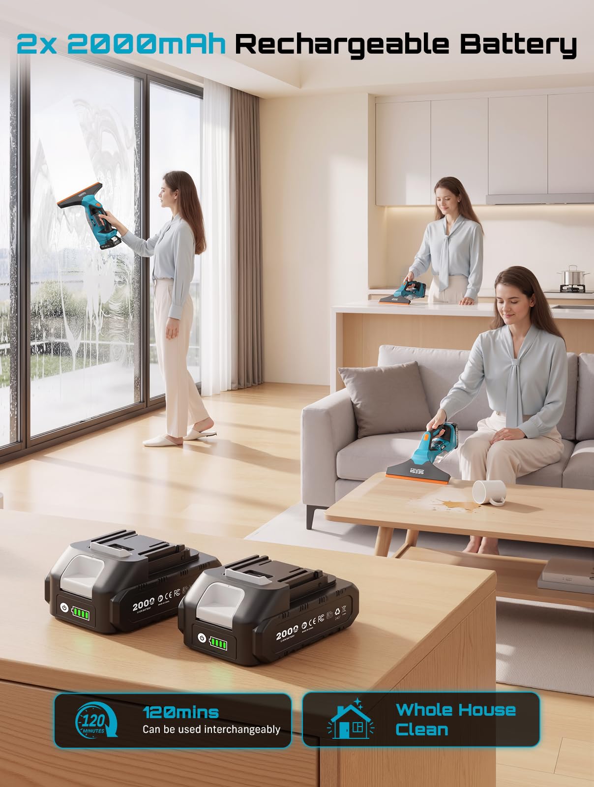 Seesii Nettoyeur de Vitres sans Fil, Autonomie 120 Min, 2 Buses d'Aspiration 28-17 cm, Aspirateur de fenêtre, Réservoir Amovible de 150 ML, Convient pour fenêtres, Carreaux et miroirs