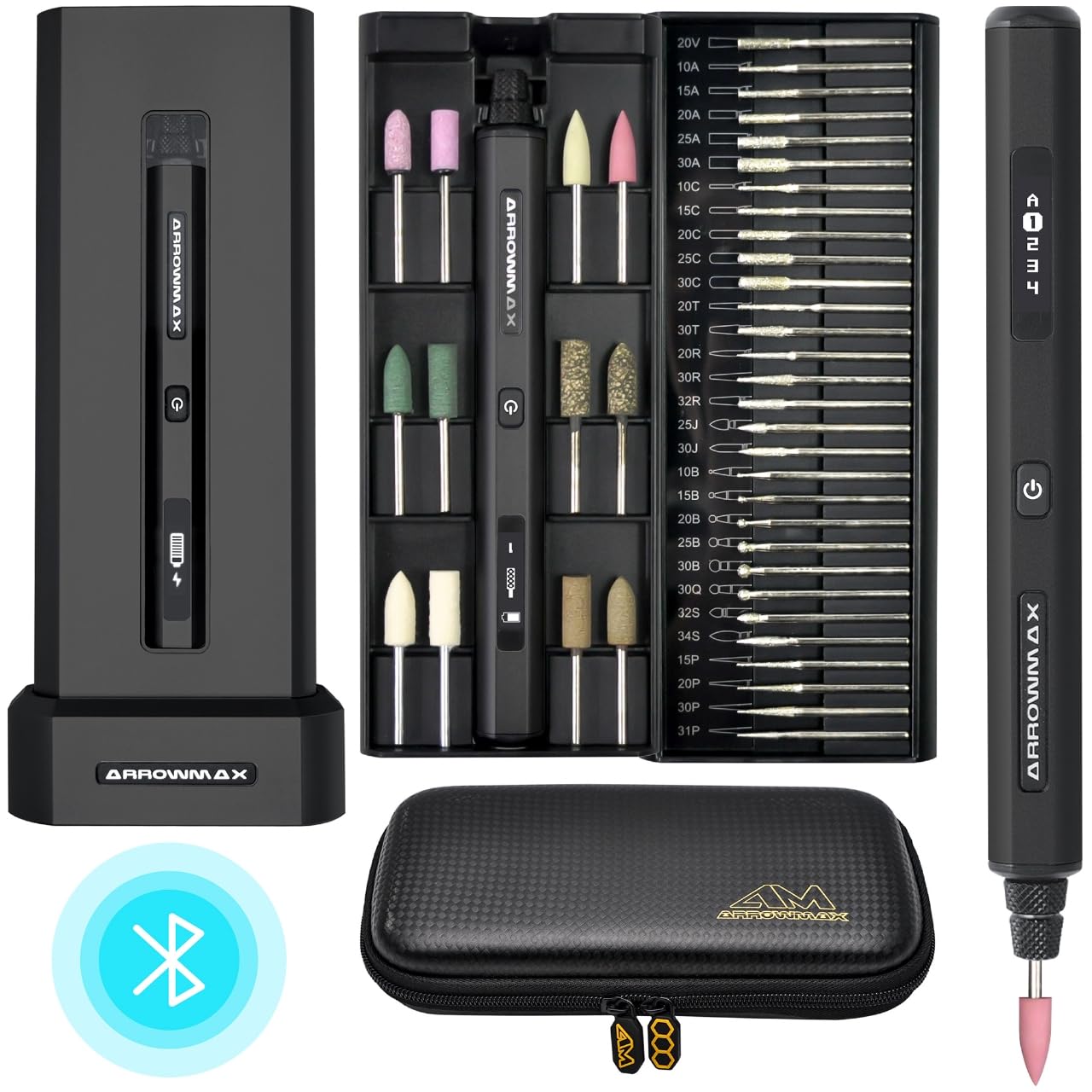 AM ARROWMAX Mini Engraving Pen with 42 Bits, Aluminum Case & Tool Bag-Smart Motion Control, APP & OLED Display, Magnetic Charger, Engraving Pen for Metal/Wood/Glass/Plastic, SGS PRO Plus (Black)
