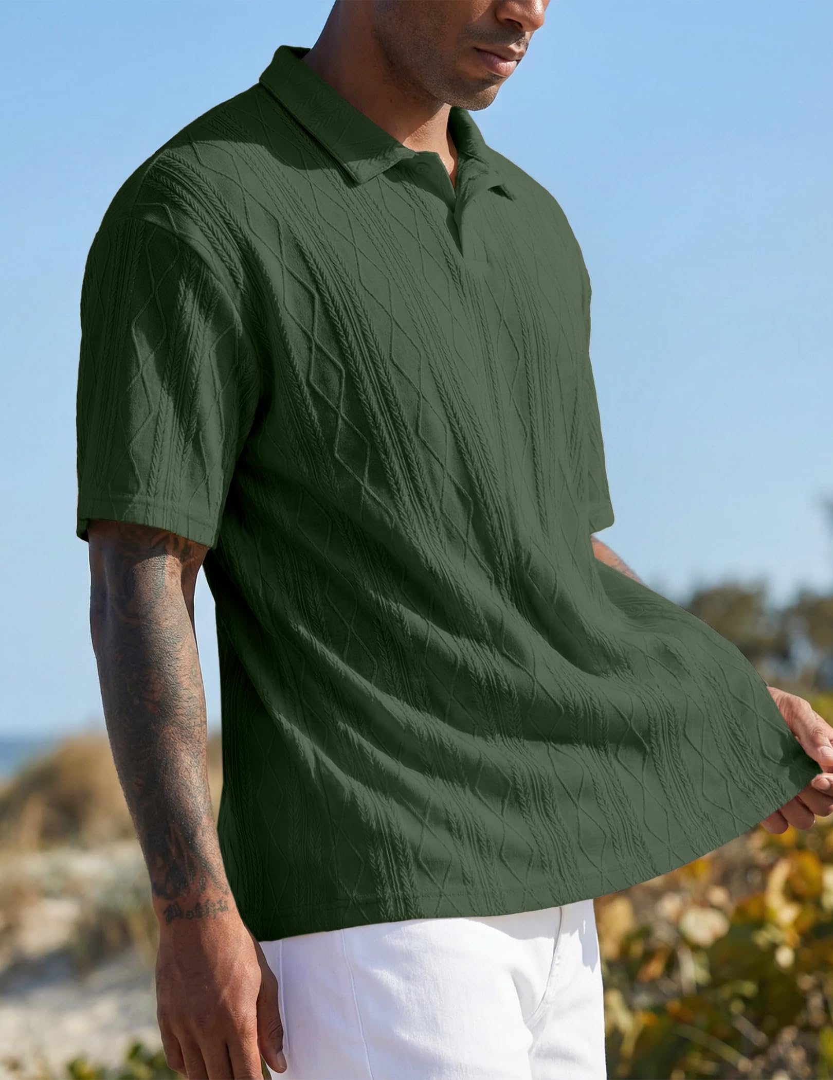 JMIERR JMIERR Mens Polo Shirt Textured Knit Button Casual Short Sleeve Summer Vacation Beach Stretchy Golf Shirts in use