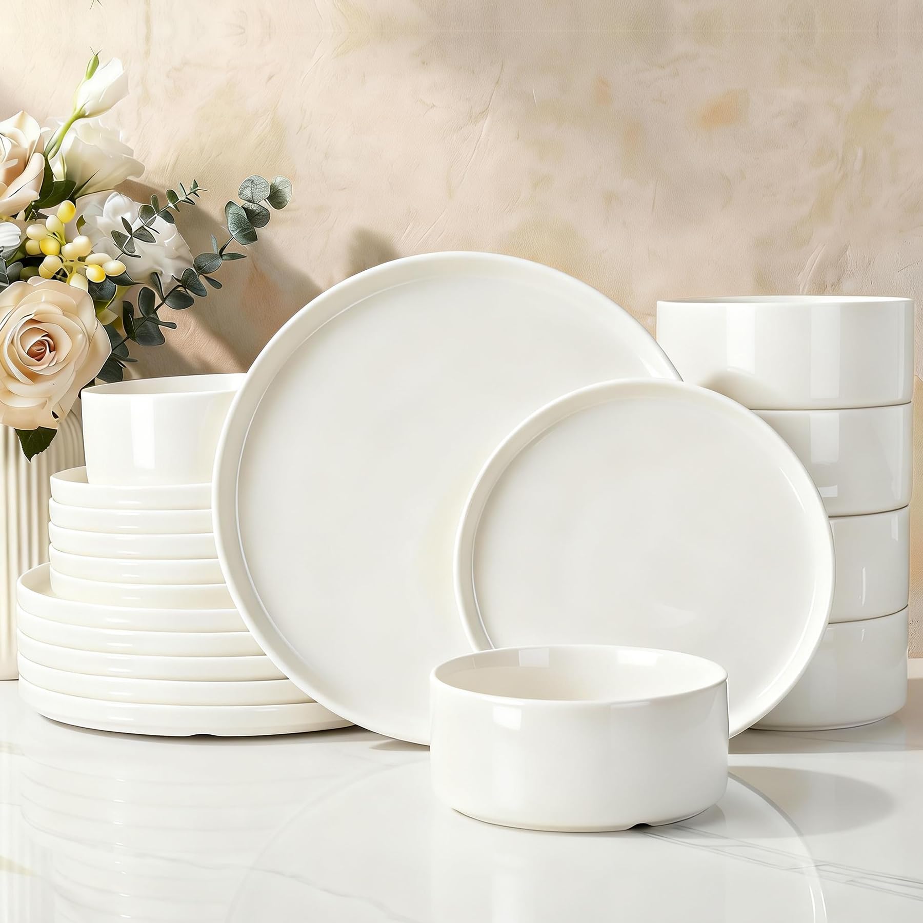 Richmount Dinner Sets for 6 People, 18 Pieces Modern Porcelain Plates and Bowls Set, Dinnerware Sets Chip Resistant, Microwave & Dishwasher Safe, Ceramic Dish Set Service for 6, White