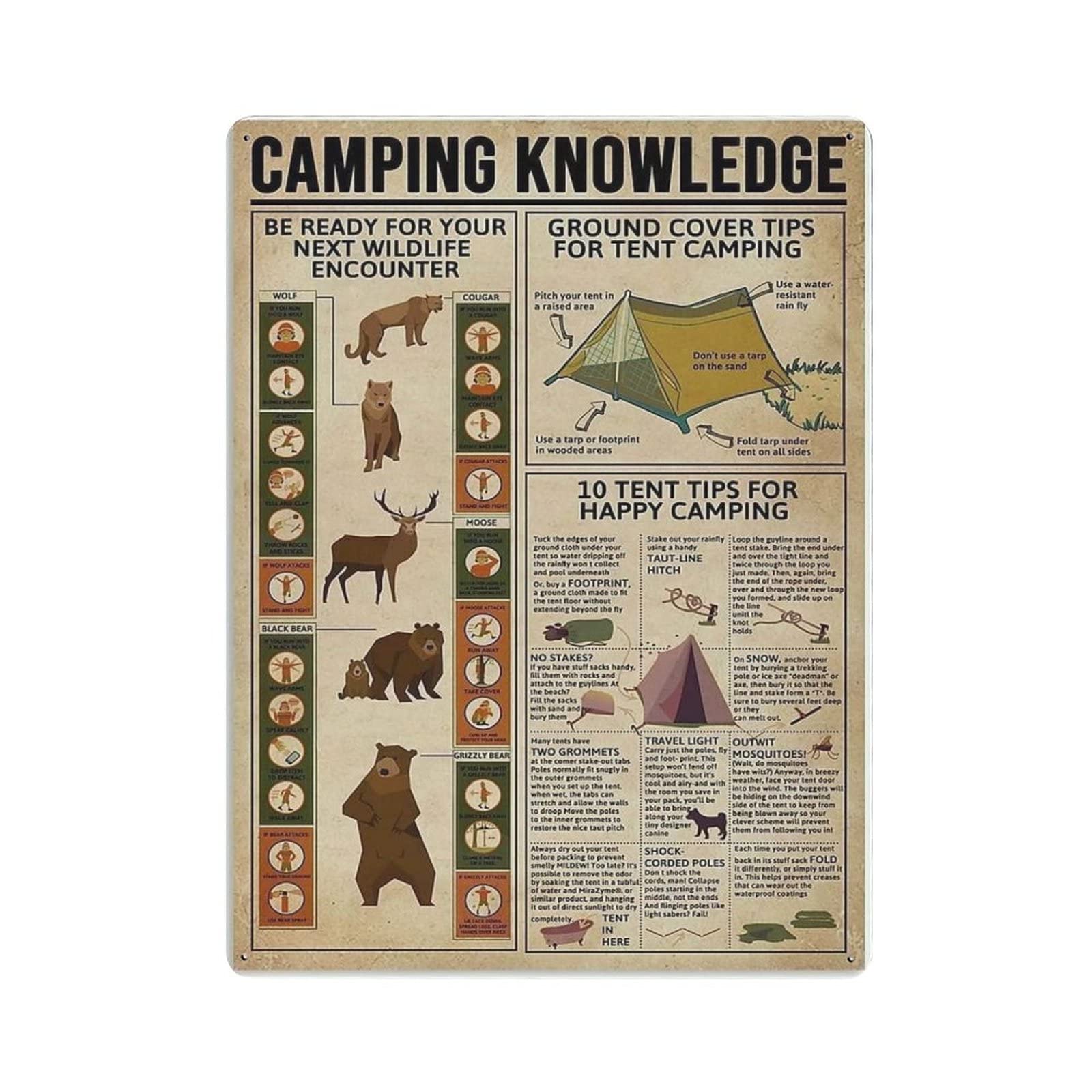 rayprint Camping Knowledge Poster Metal Tin Sign Art Wall Plaque Decor Vintage Retro Sign Iron Painting Aluminum Sign for Home Decor Bar Shop Men Cave Outdoor Garage Indoor 16"x12"