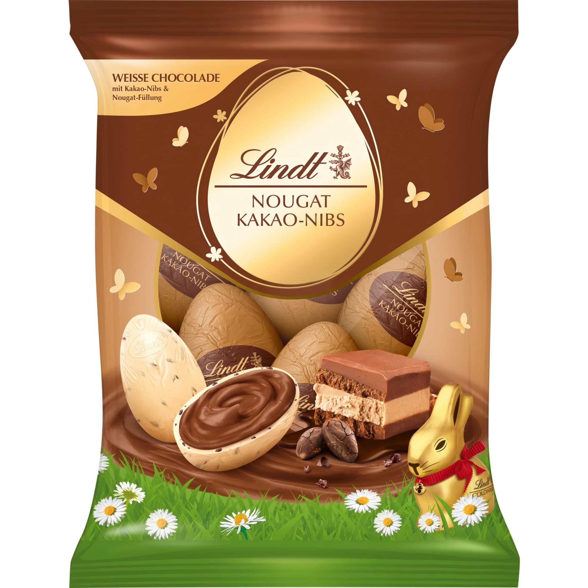Lindt Schokolade | Nougat Kakao-Nibs Eier | 90g | Weiße-Schokoladeneier gefüllt mit Haselnusscrème & knusprigen Cacao-Nibs | Osterschokolade | Perfekte Oster-Schokolade zum Teilen & Genießen