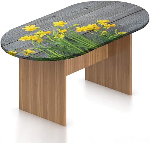 XISUNYA Mantel ovalado ajustable de poliéster elástico con flores amarillas, ramo de narcisos sobre tablones de madera, mantel ajustado con temática
