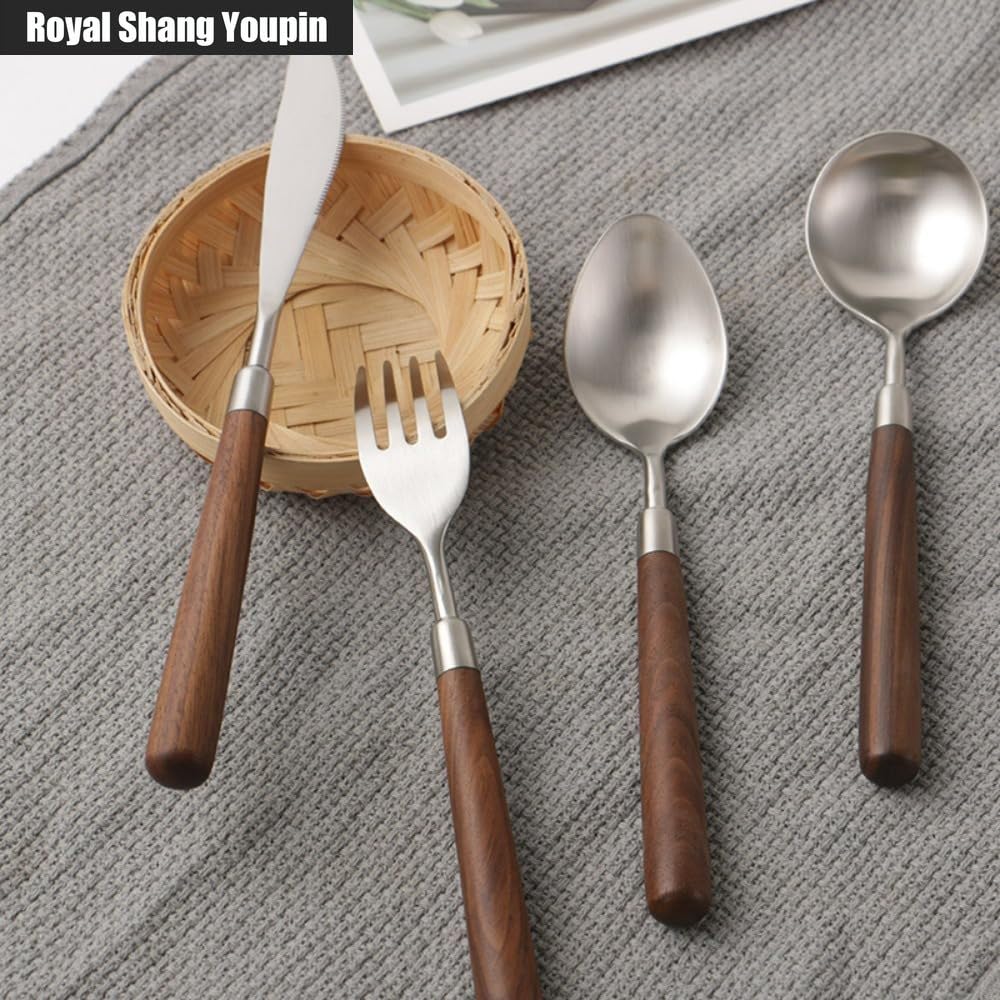 Manico in Noce Massello Cucina Acciaio Inossidabile Posate Stoviglie Posate Coltelli Forchette Cucchiai Set, Coltello Da Bistecca E Forchetta Per Hotel (Punta Cucchiaio 12 pezzi)