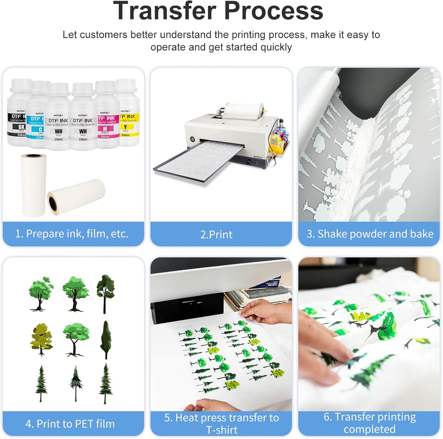 DTF ink 1500ML, Premium DTF Printer Ink for PET Film Heat Transfer, Refill Ink for ET-8550 ET-2850 L1800 XP-15000 P600 P400 F1080 TX800 L800 1430 I3200 DX5 DX7 etc. Printers(250MLx 6, 2W B C M Y)