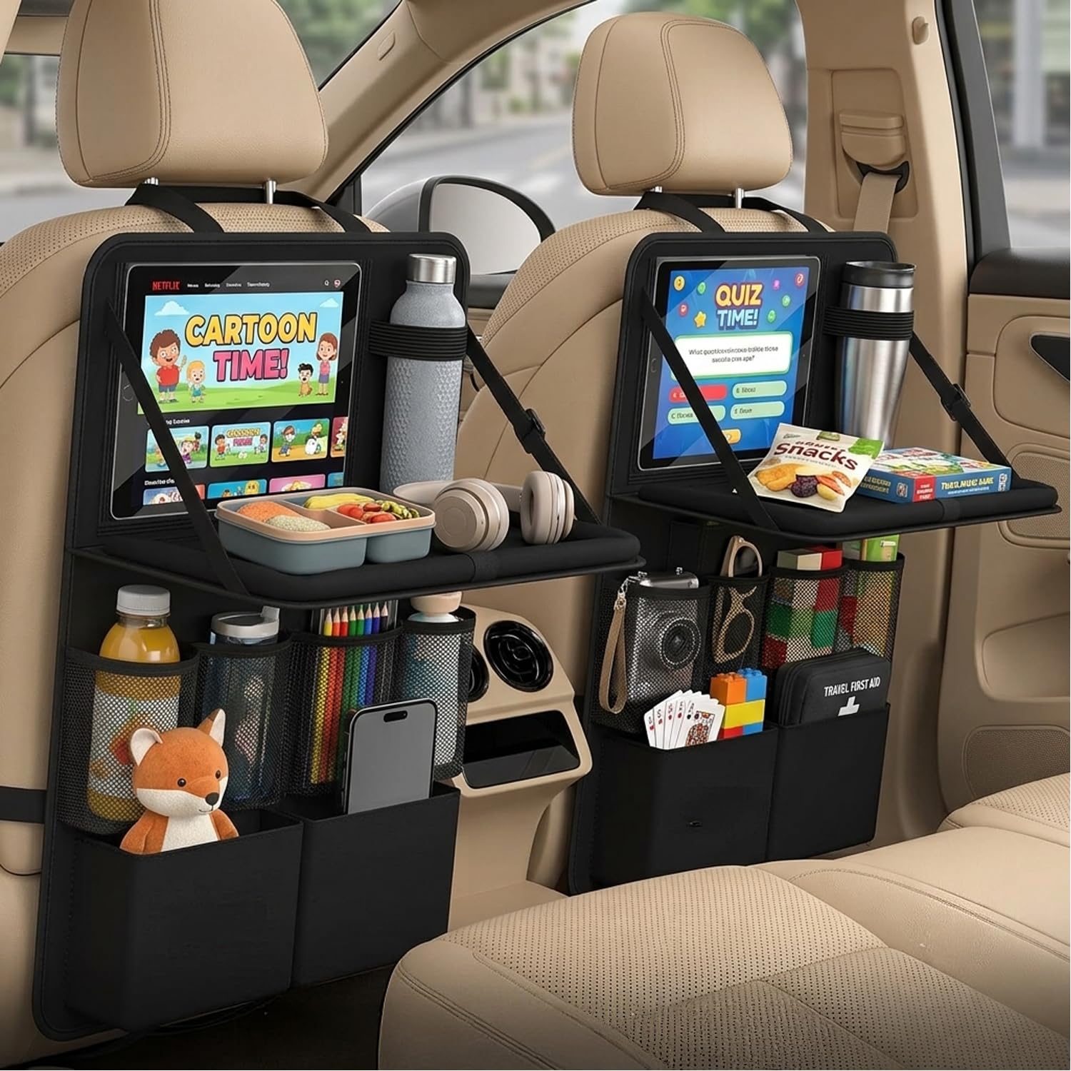 2 organizer per sedile auto per bambini, con tavolo pieghevole e supporto per tablet, 62 x 42 cm, protezione per lo schienale dell'auto, impermeabile, in tessuto Oxford con 12 tasche, accessori