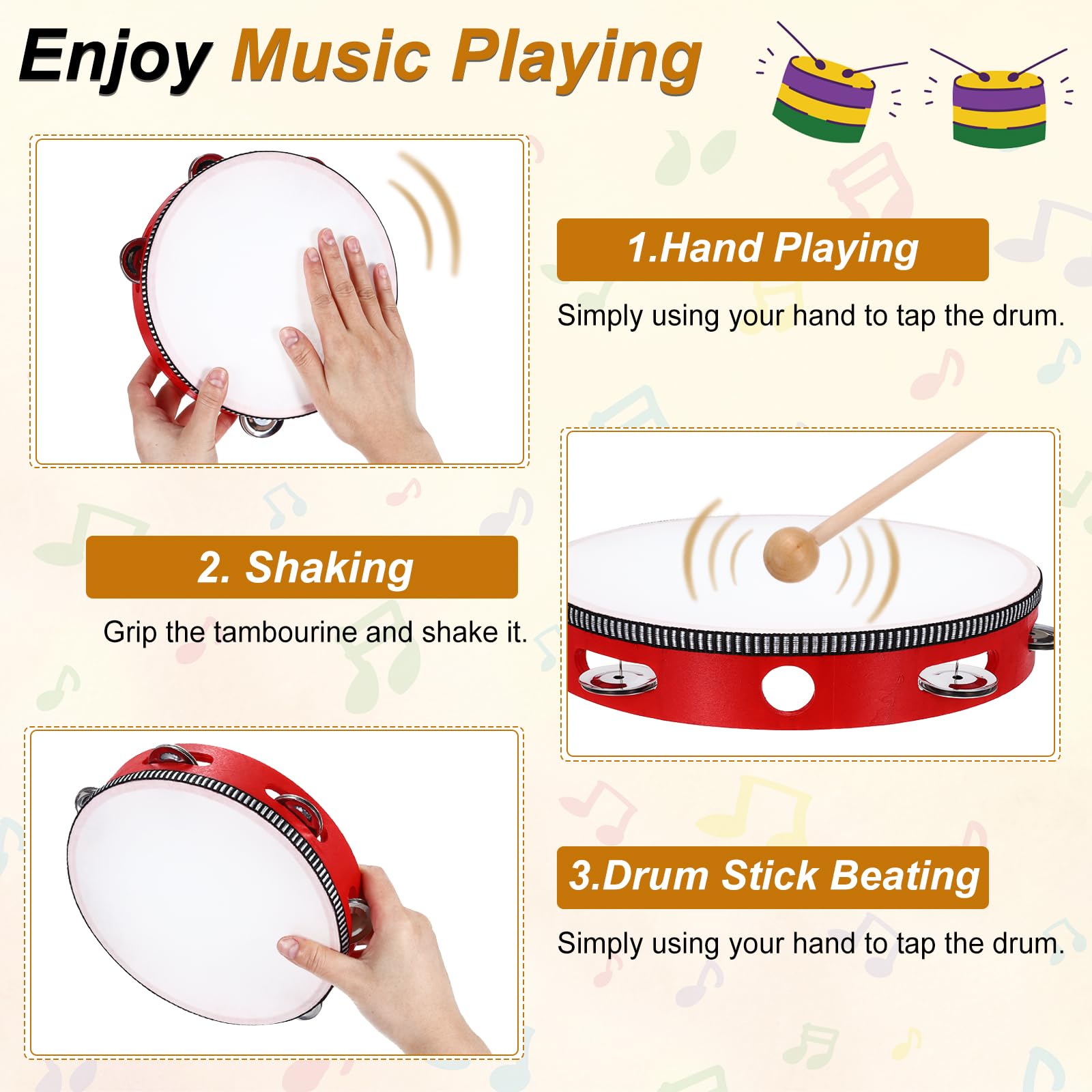QUARKZMAN 12 Pcs Pandereta De 4 Pulgadas De Madera Instrumento Musical De Percusión Con Jingles De Metal De Una Hila Para Adultos Iglesia Boda Fiestas Juegos, Rojo