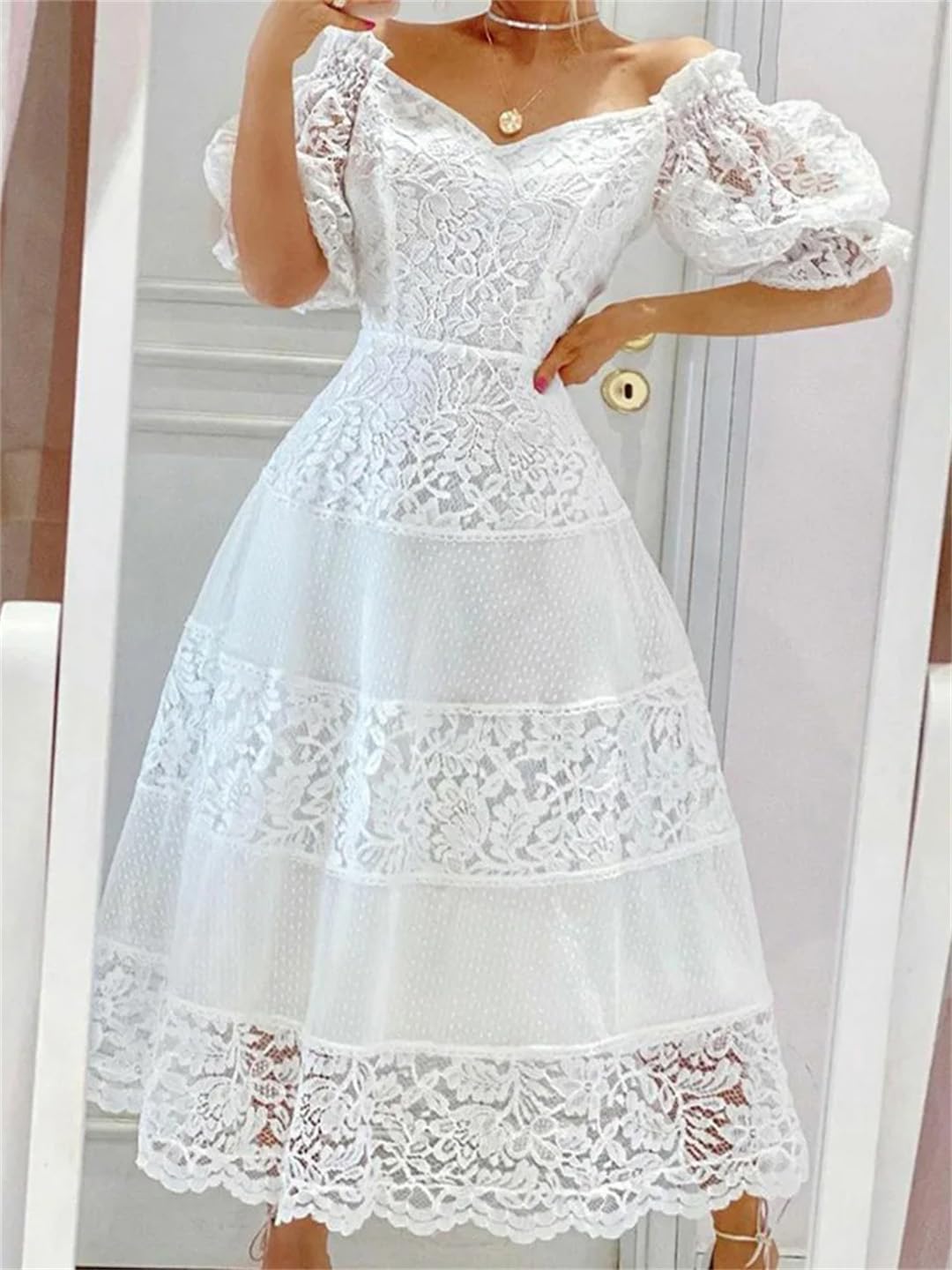 Wjnvfioo Vestido de verano con estampado floral para mujer, elegante, manga abombada, cuello sesgado, costuras de encaje, vestidos largos de fiesta