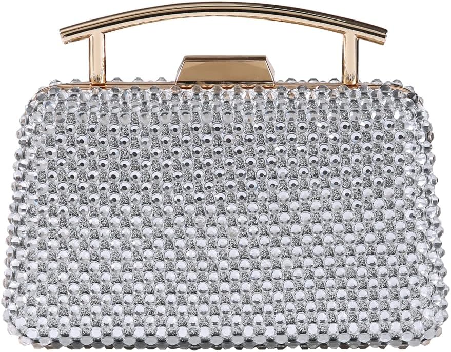 Full Crystal Evening Bag - Sparkling Silver Clutch with Top Handle