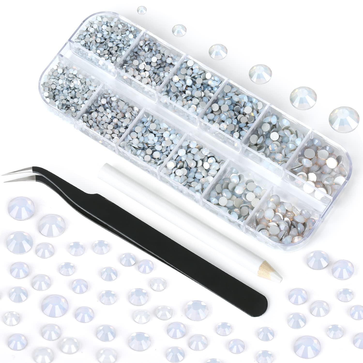 Nibiru 3992 Pcs Nail Art Rhinestones Flat Back Gems Round Crystal Rhinestones Nail Jewels with Pick Up Tweezer and Rhinestones Picking Pen 6 Size White Opal