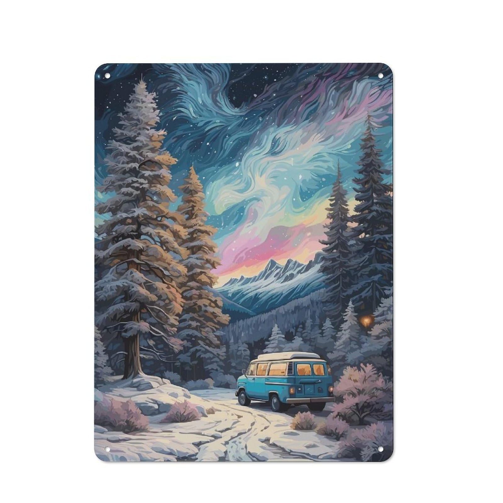 Junmoney Style-14 Aurora Borealis Forest Car Cottage Style Metal Wall Decor 40X30cm, Tin Wall Plaque For Kitchen, Cottage, Porch Or Garden Room