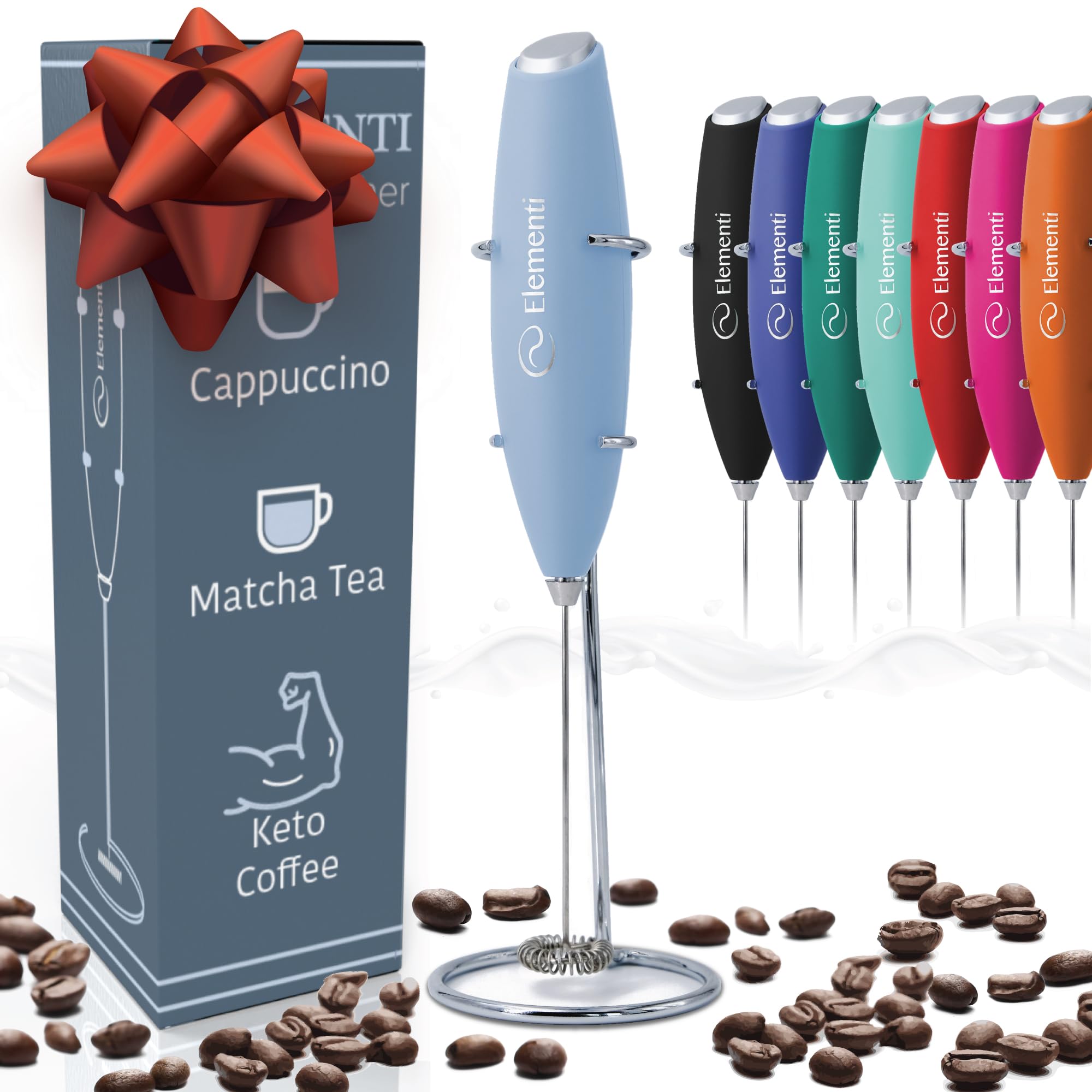 Elementi Electric Milk Frother Handheld - Create Creamy Coffee, Delicious Matcha and Perfect Drinks - Compact Whisk &amp; Mixer with Stand (Pastel Blue)